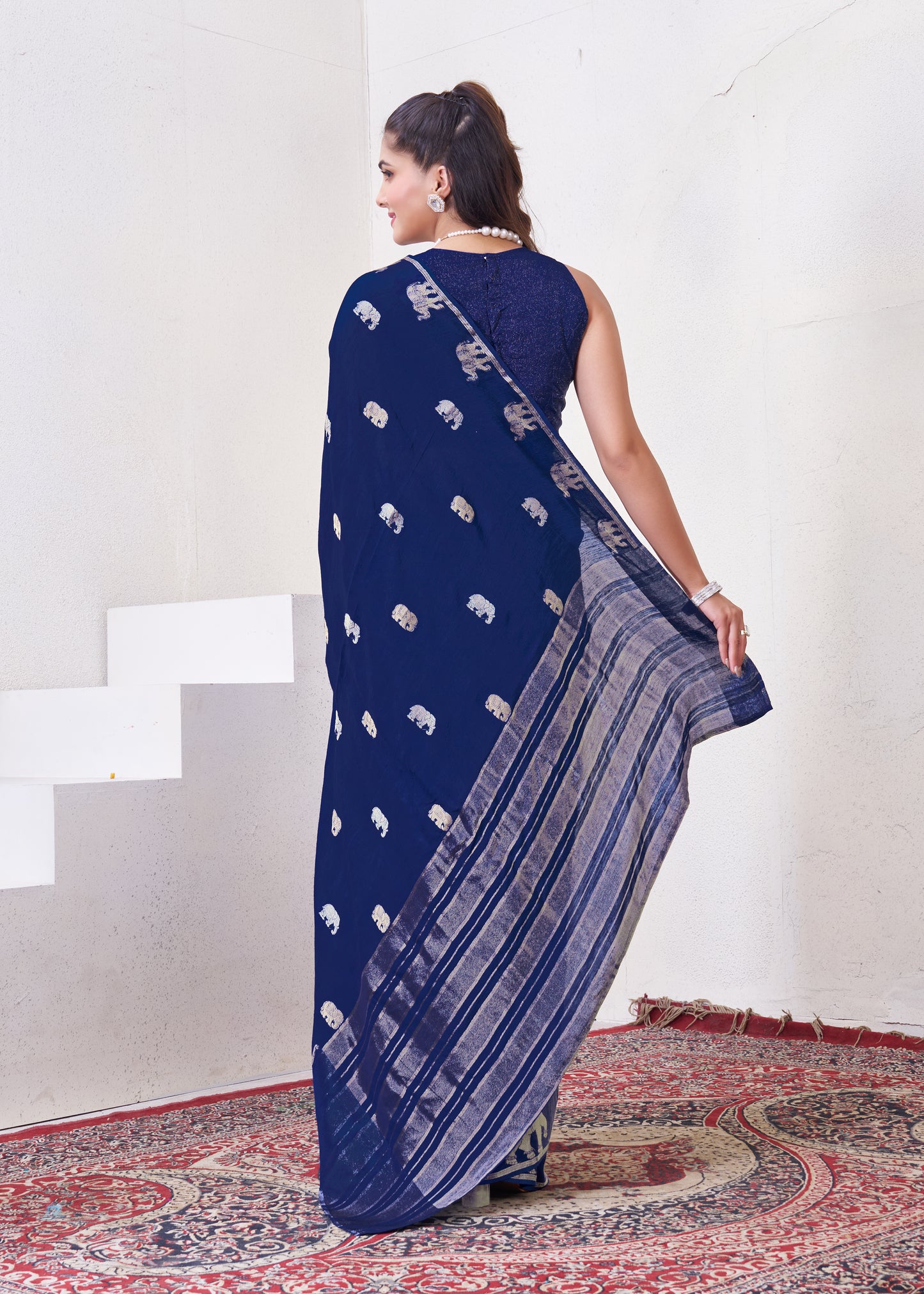 Dark Blue Matka Silk Saree With Zari Borders