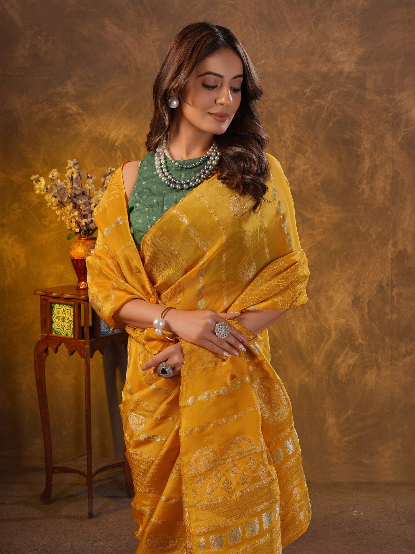 Yellow Katan Silk Saree With Zari Borders
