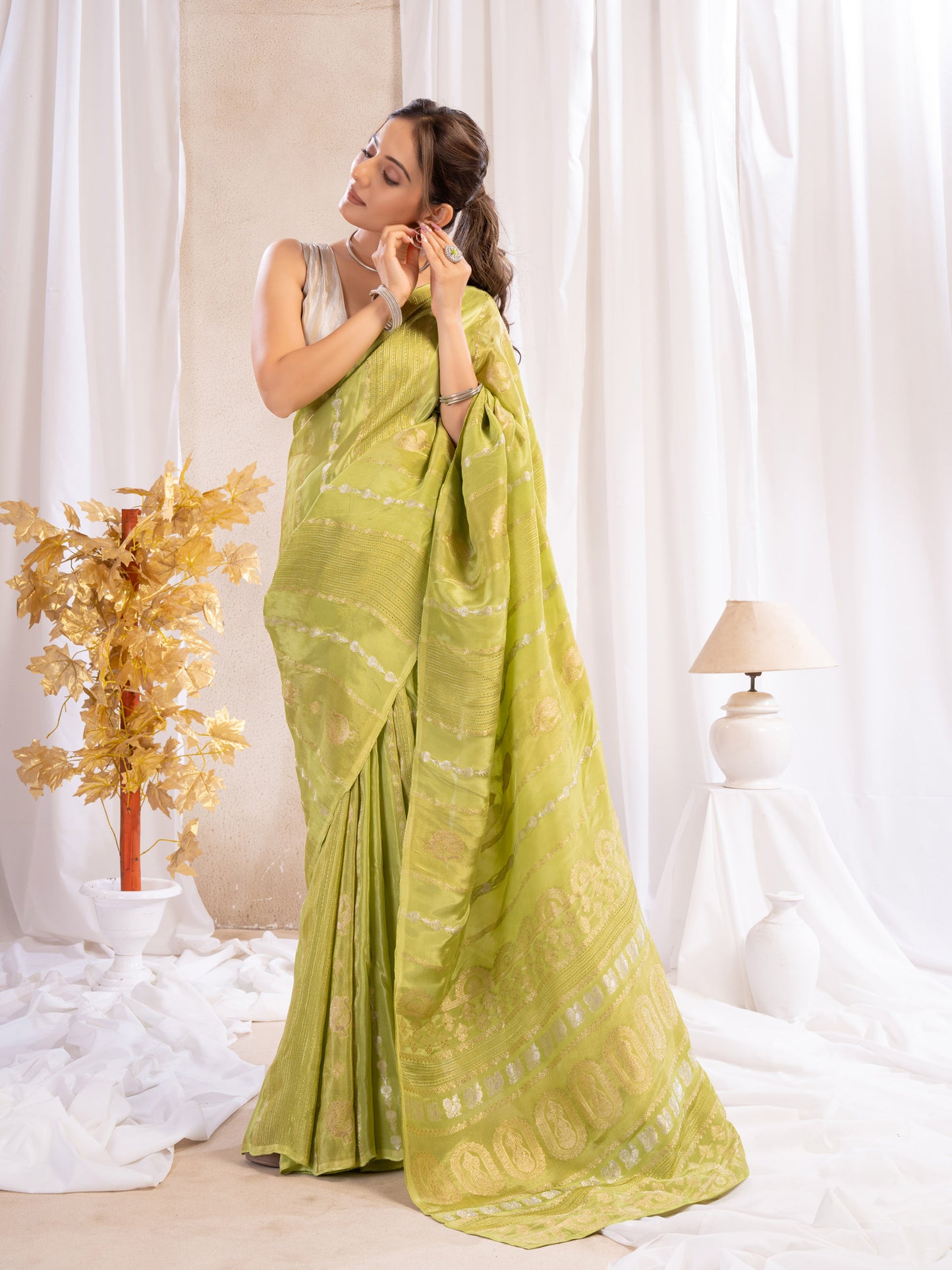 Green Katan Silk Saree With Zari Borders