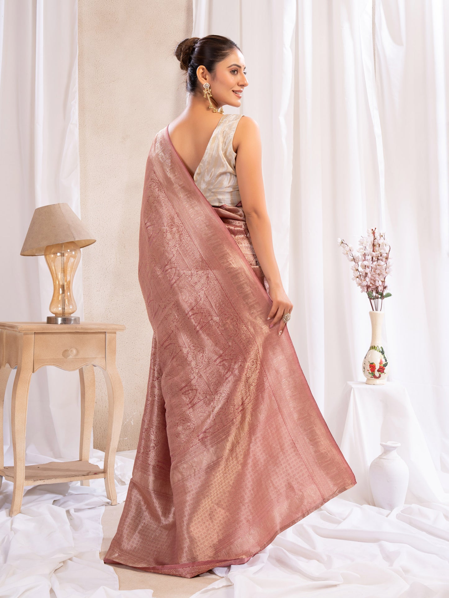 Onion Pink Banarasi Saree With Zari Borders