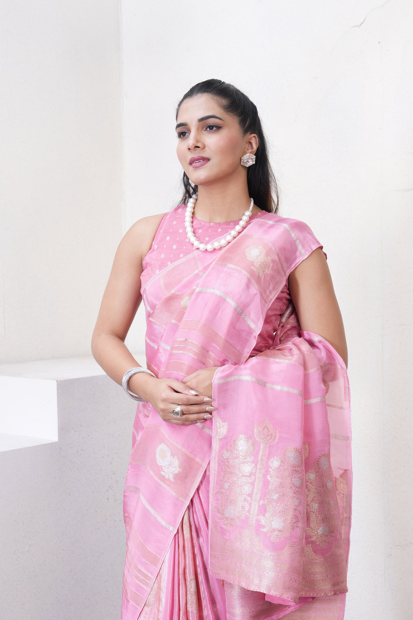 Baby Pink Katan Silk Saree With Zari Borders