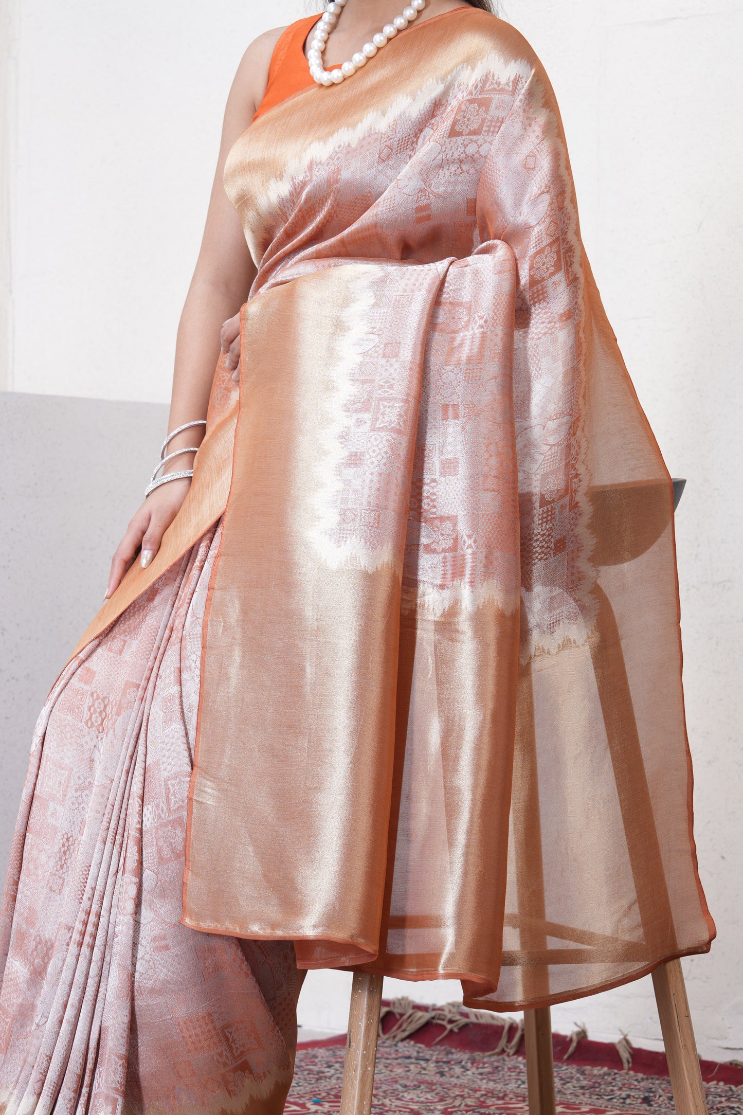 Orange Tissue Silk Saree With Zari Borders