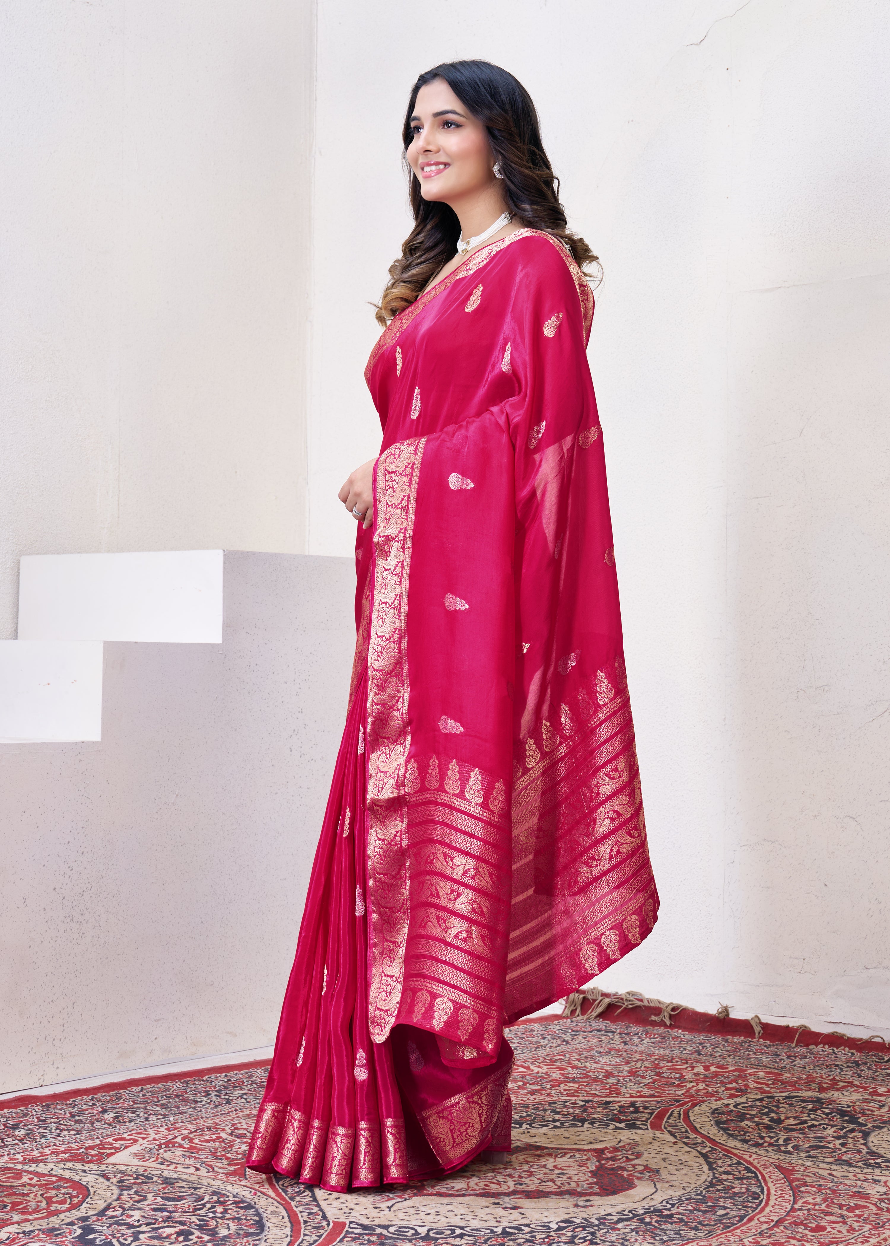 Rani Pink Katan Silk Saree With Zari Borders