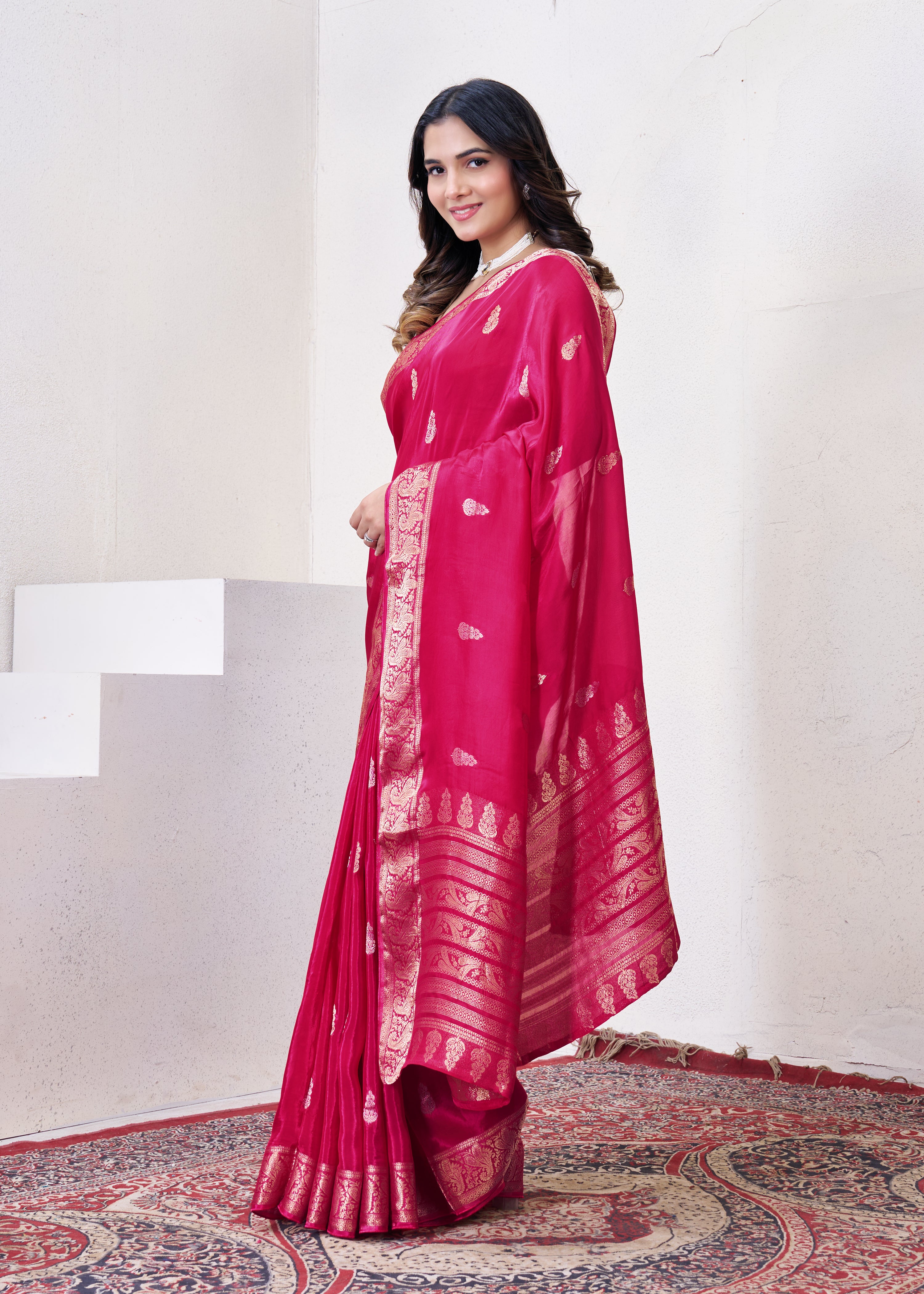 Cherry Red Dola Silk Saree With Zari Borders