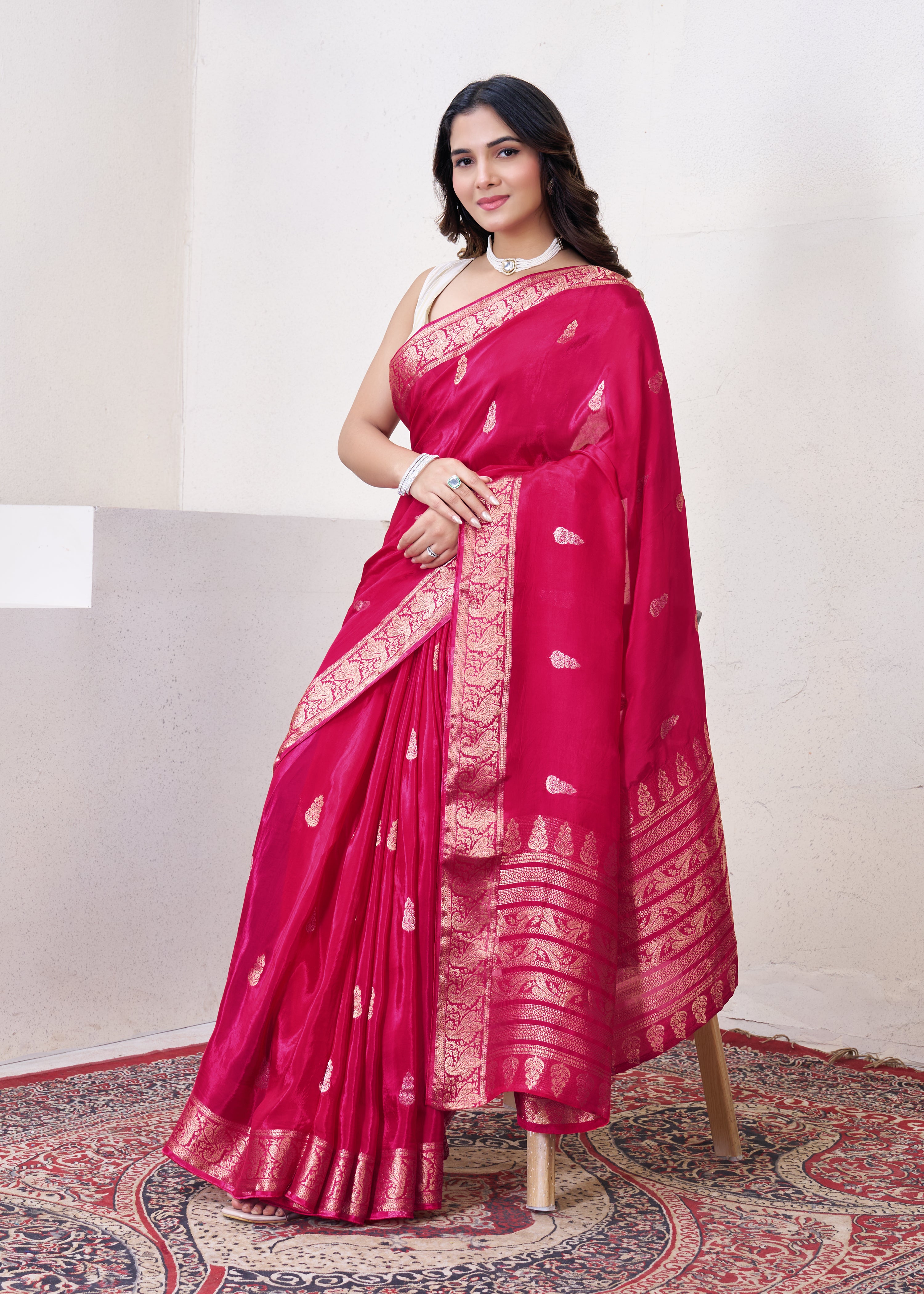 Cherry Red Dola Silk Saree With Zari Borders