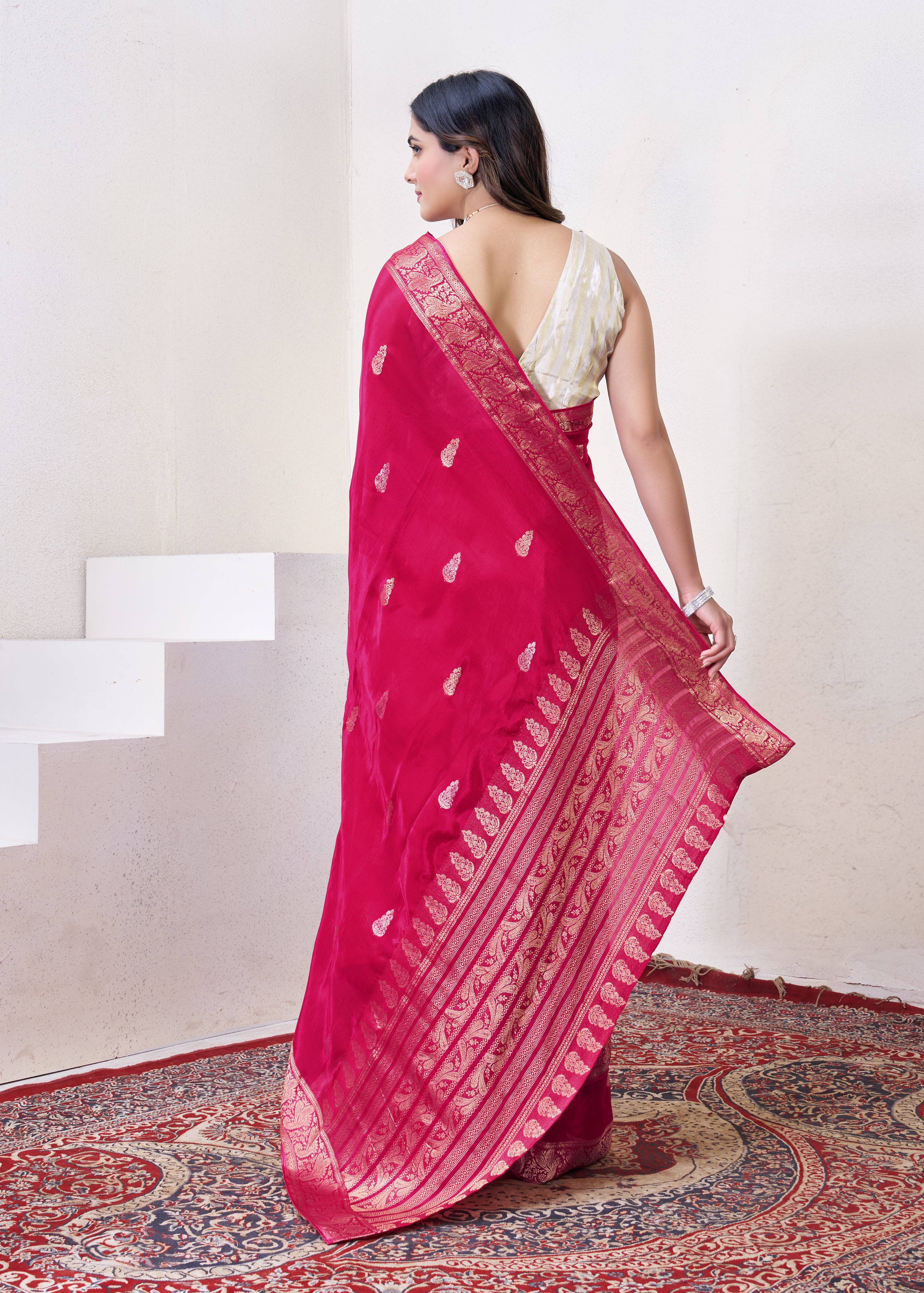 Cherry Red Dola Silk Saree With Zari Borders