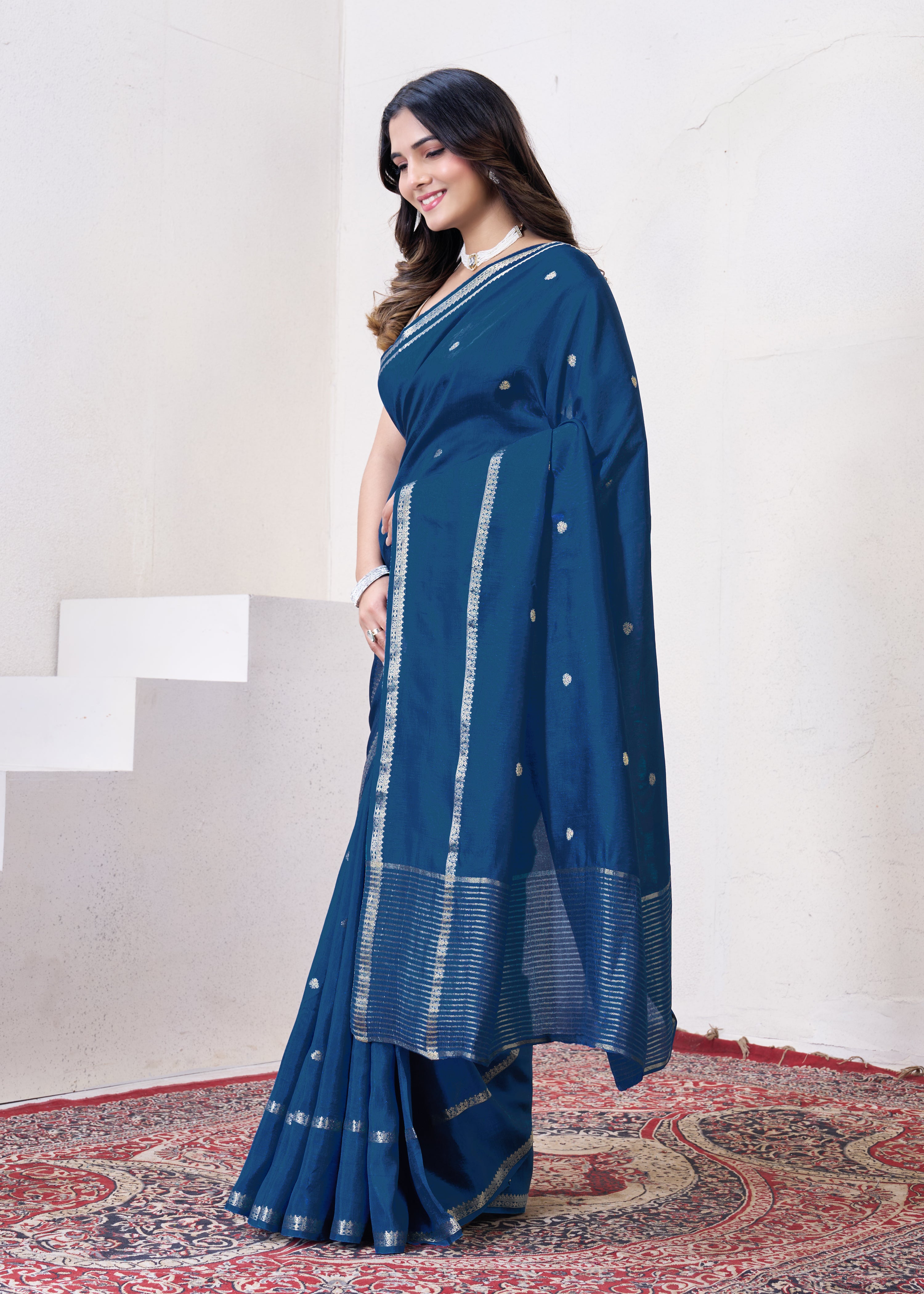 Dark Blue Dola Silk Saree With Zari Borders