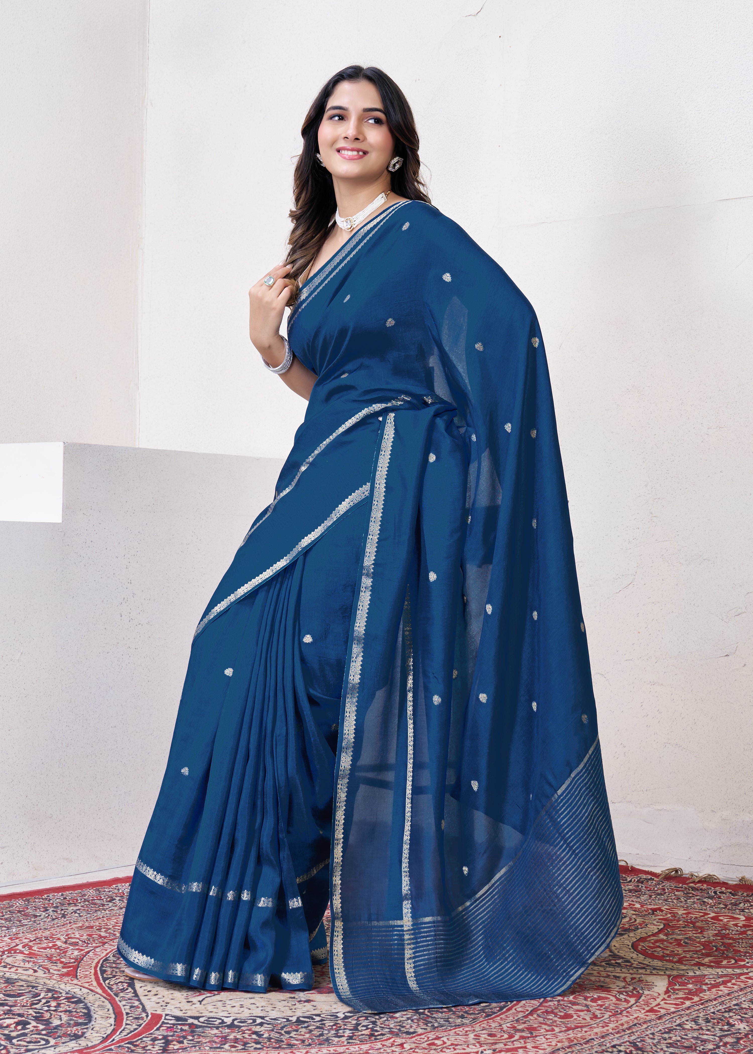 Dark Blue Dola Silk Saree With Zari Borders