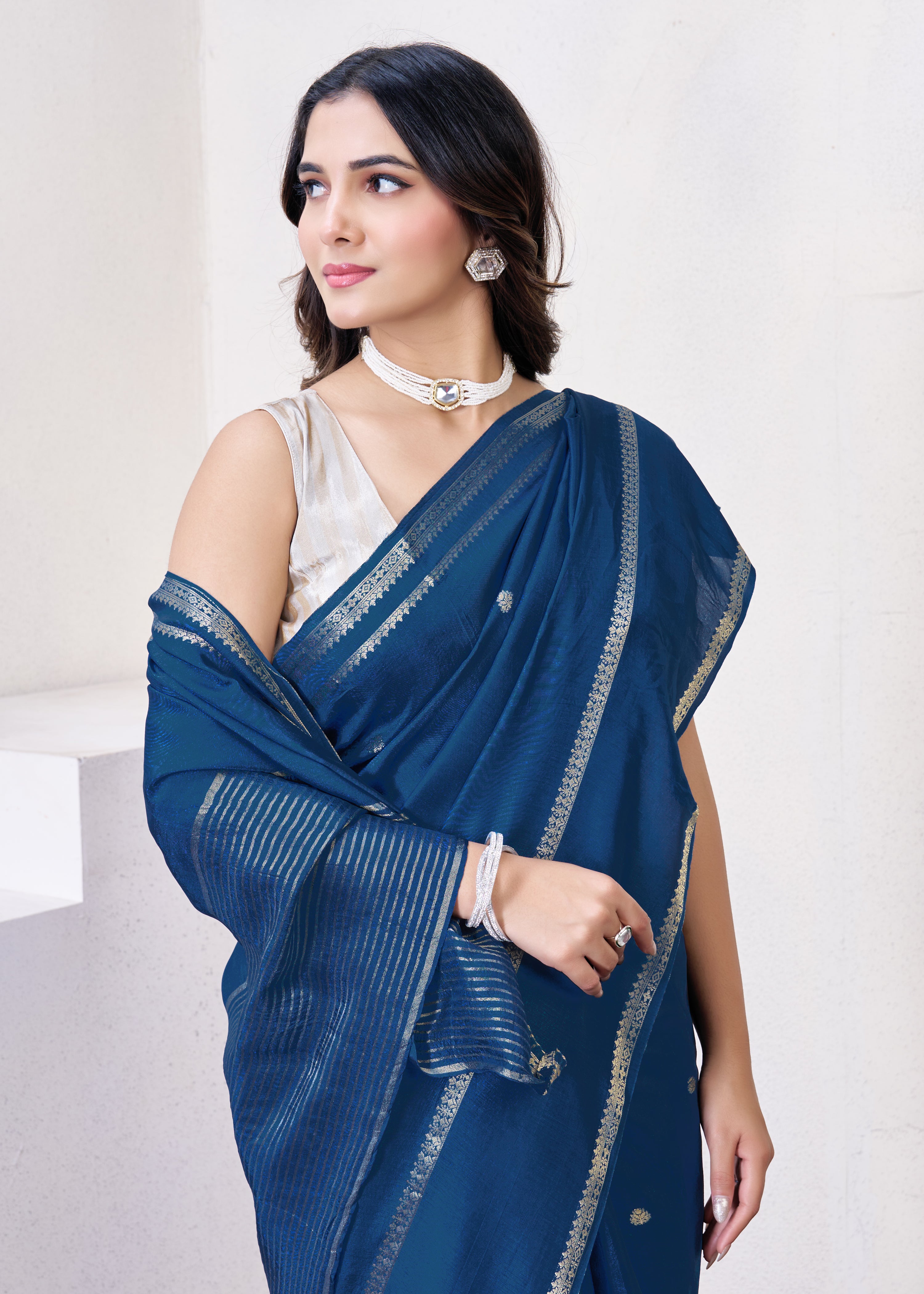 Dark Blue Dola Silk Saree With Zari Borders