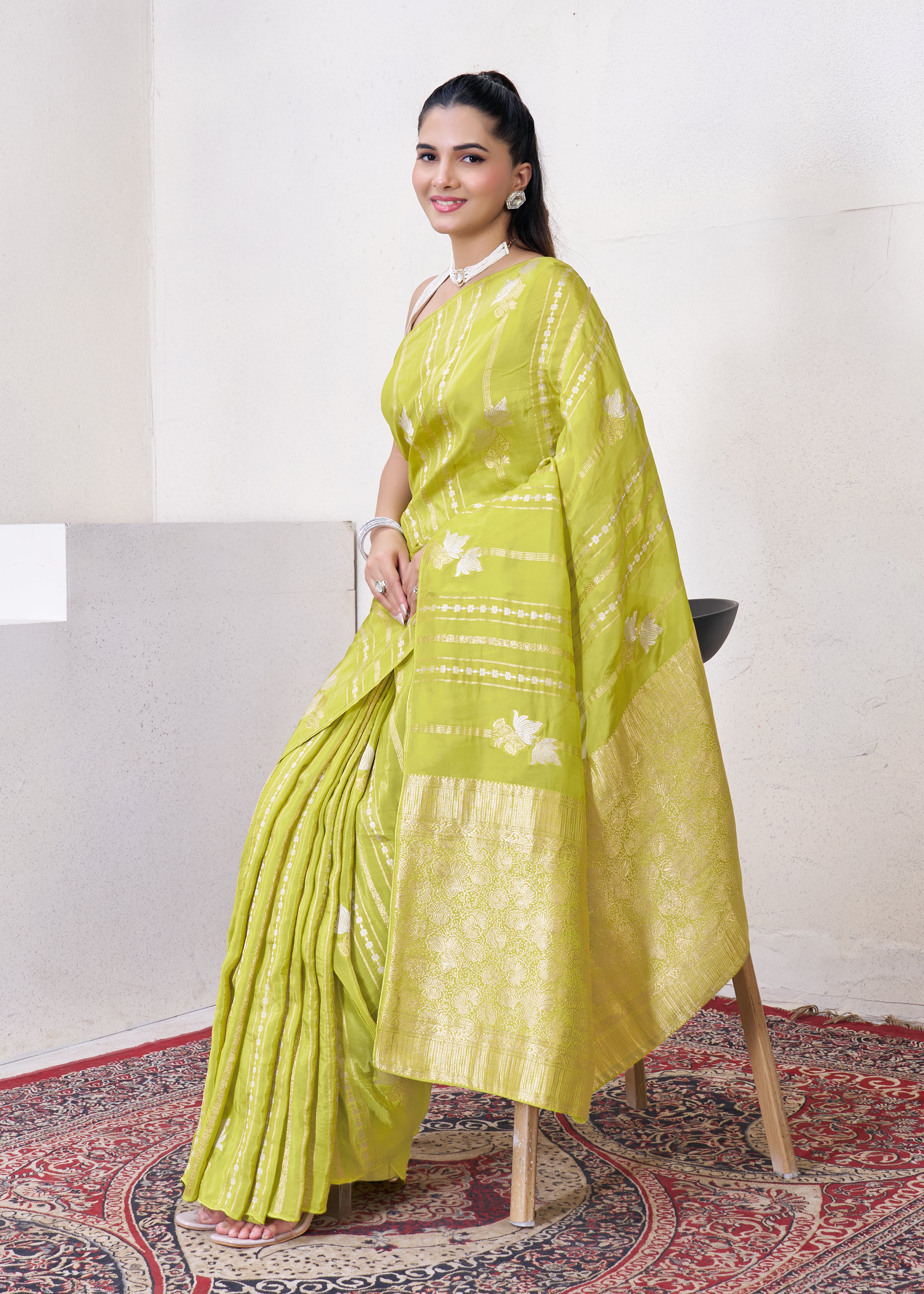 Green Katan Silk Saree With Zari Borders