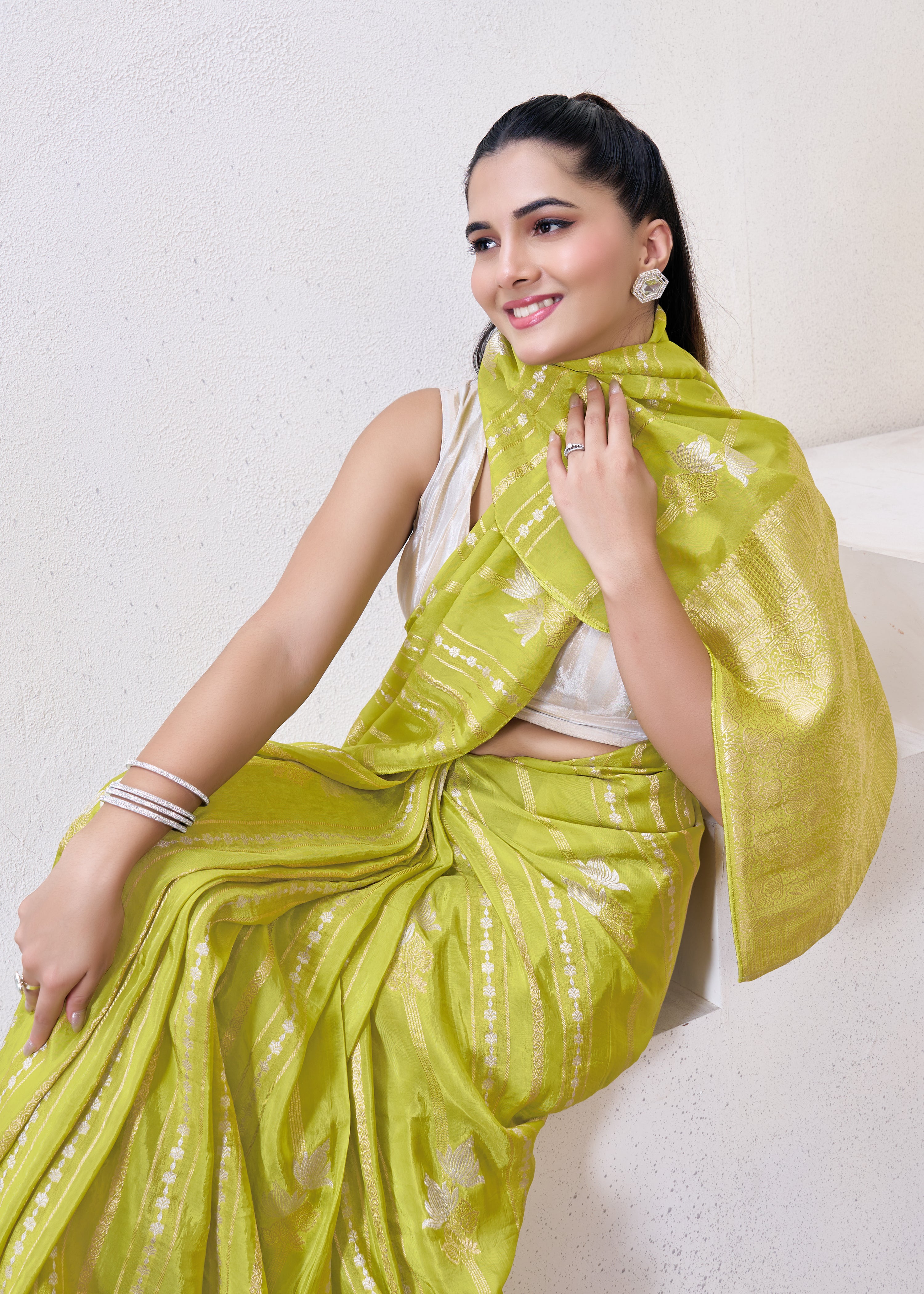 Green Katan Silk Saree With Zari Borders