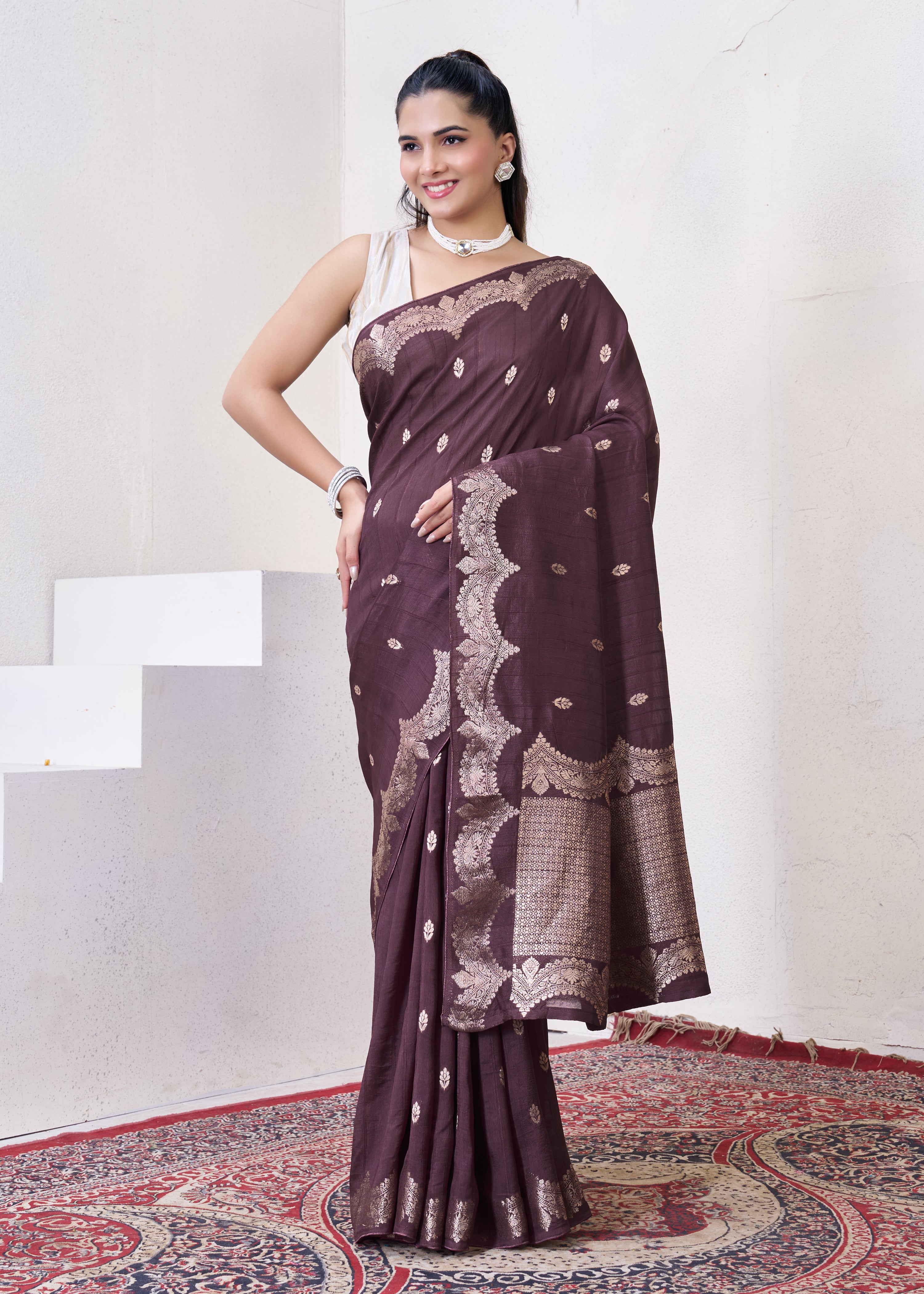 Wine Tussar Silk Saree With Zari Borders
