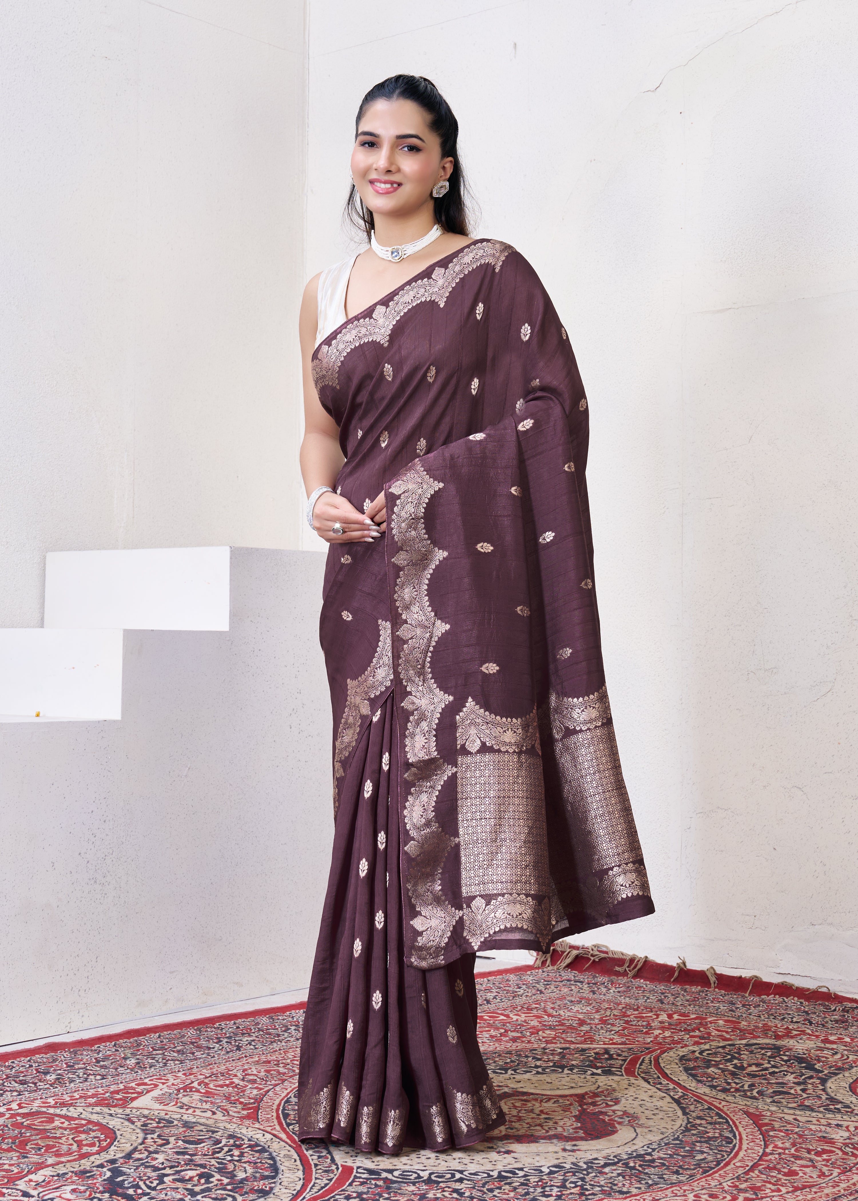 Wine Tussar Silk Saree With Zari Borders
