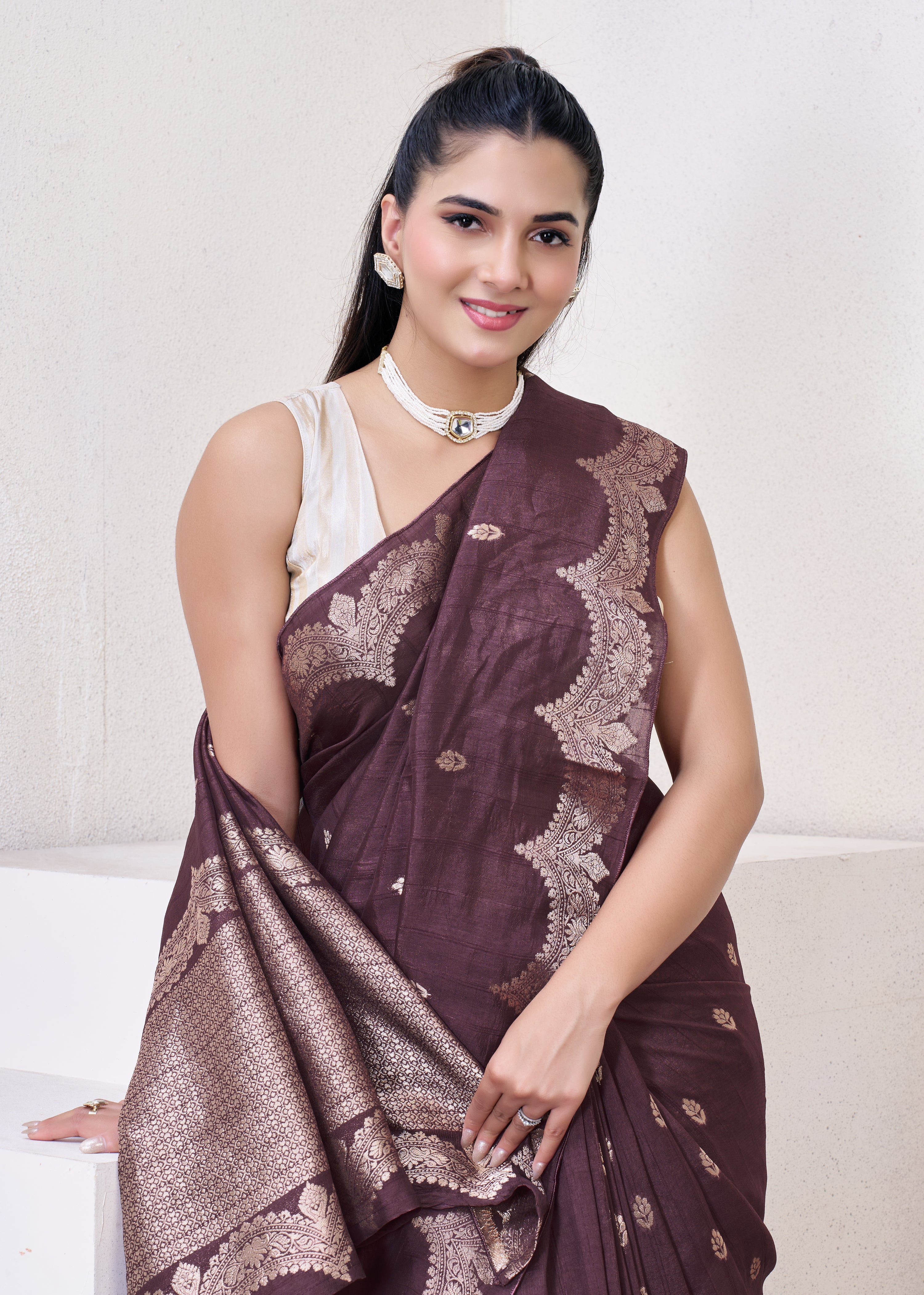 Wine Tussar Silk Saree With Zari Borders