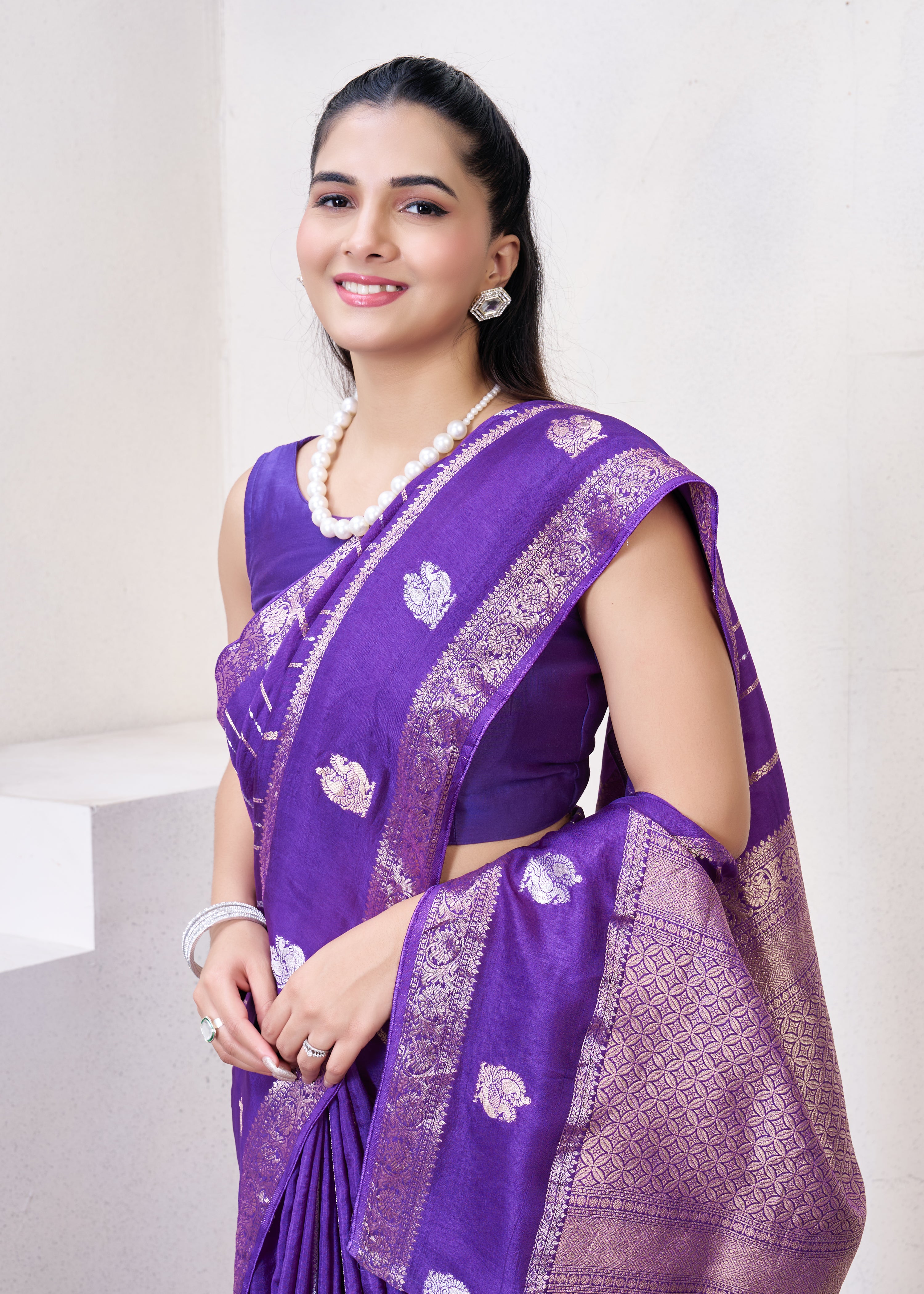 Purple Dola Silk Saree With Zari Borders