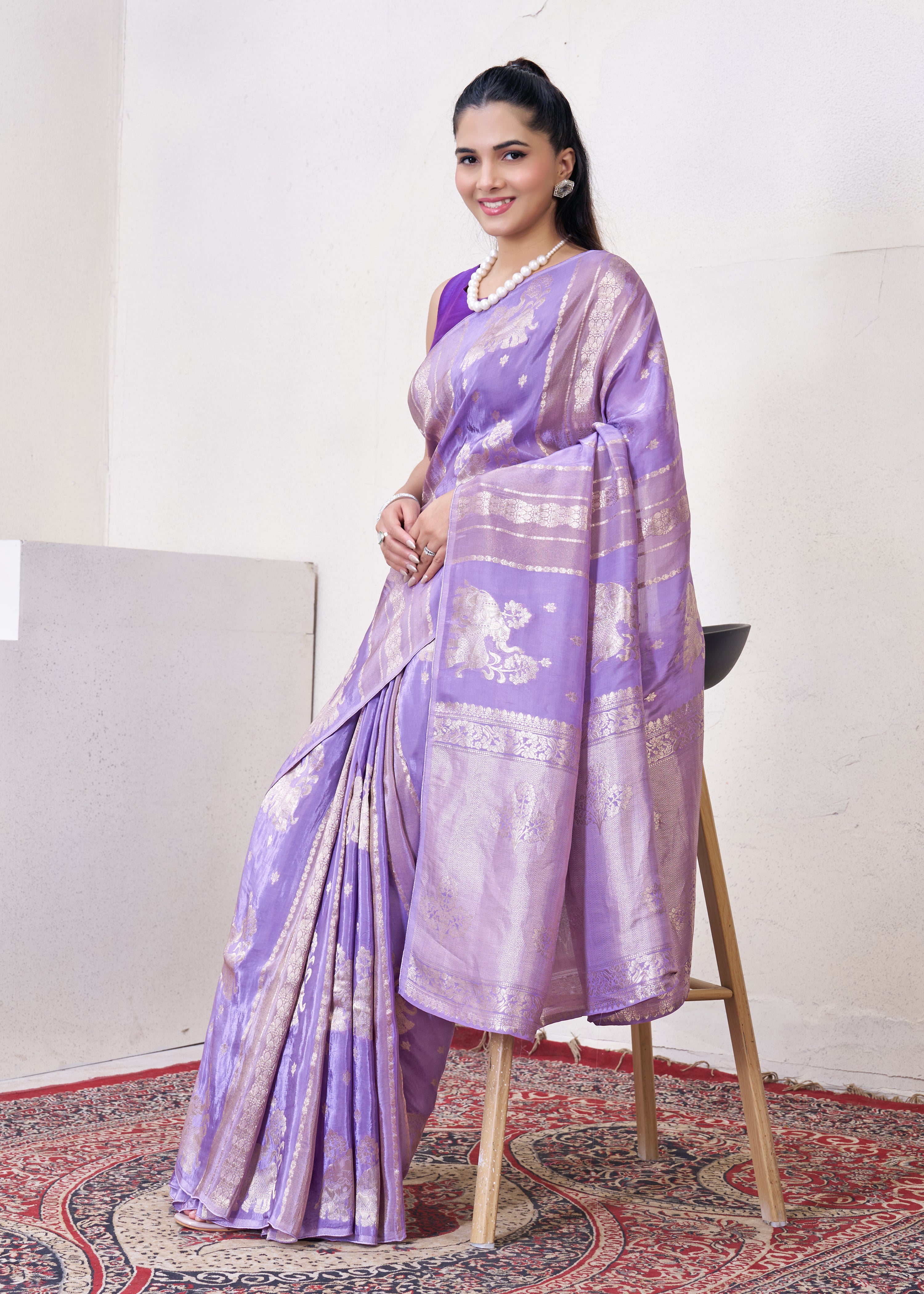 Lylac Katan Silk Saree With Zari Borders