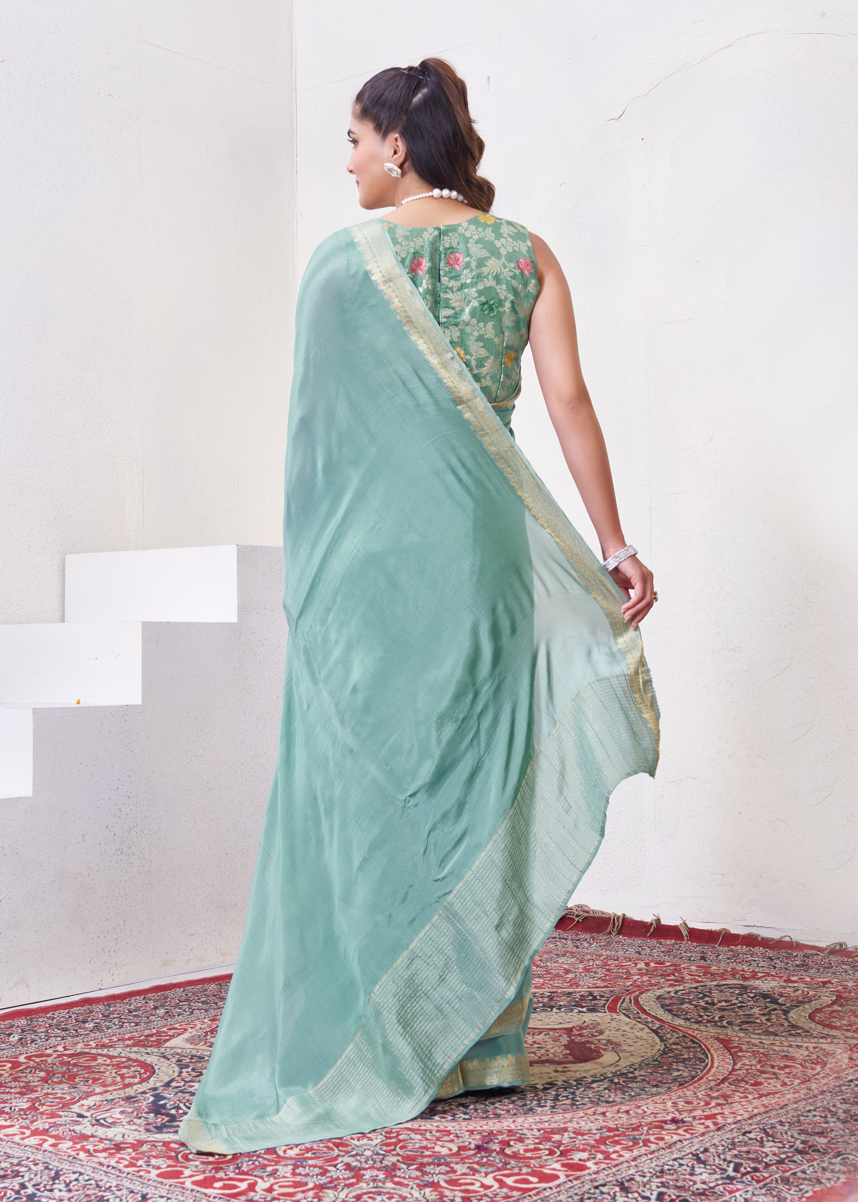 Blue Chinon Saree With Zari Borders