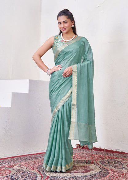 Blue Chinon Saree With Zari Borders