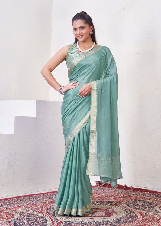 Blue Chinon Saree With Zari Borders