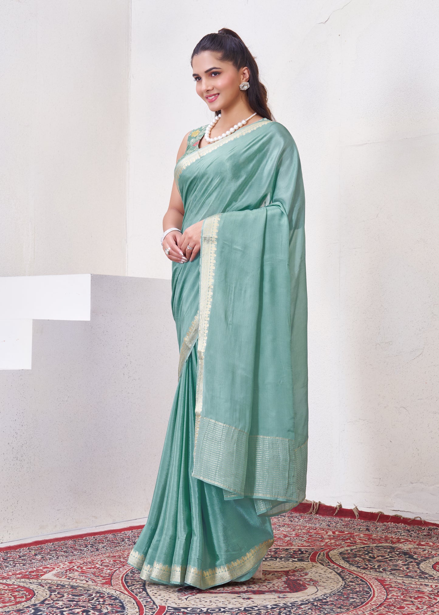 Blue Chinon Saree With Zari Borders