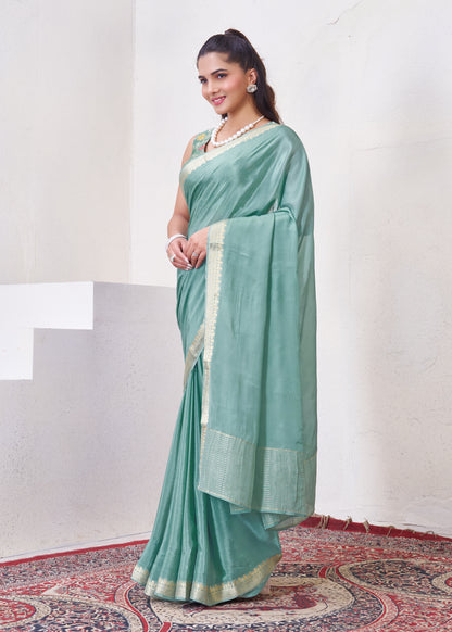 Blue Chinon Saree With Zari Borders