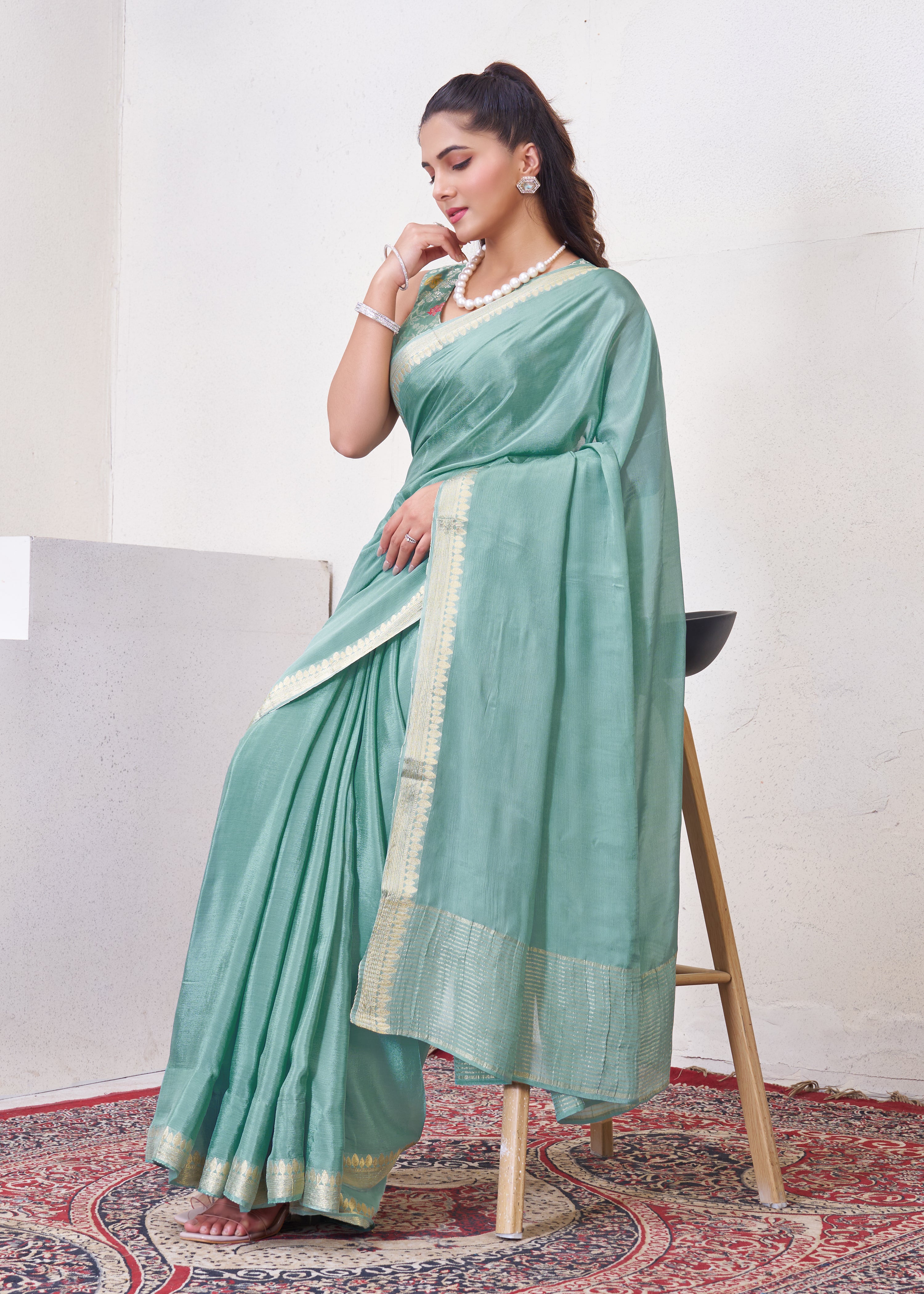 Blue Chinon Saree With Zari Borders
