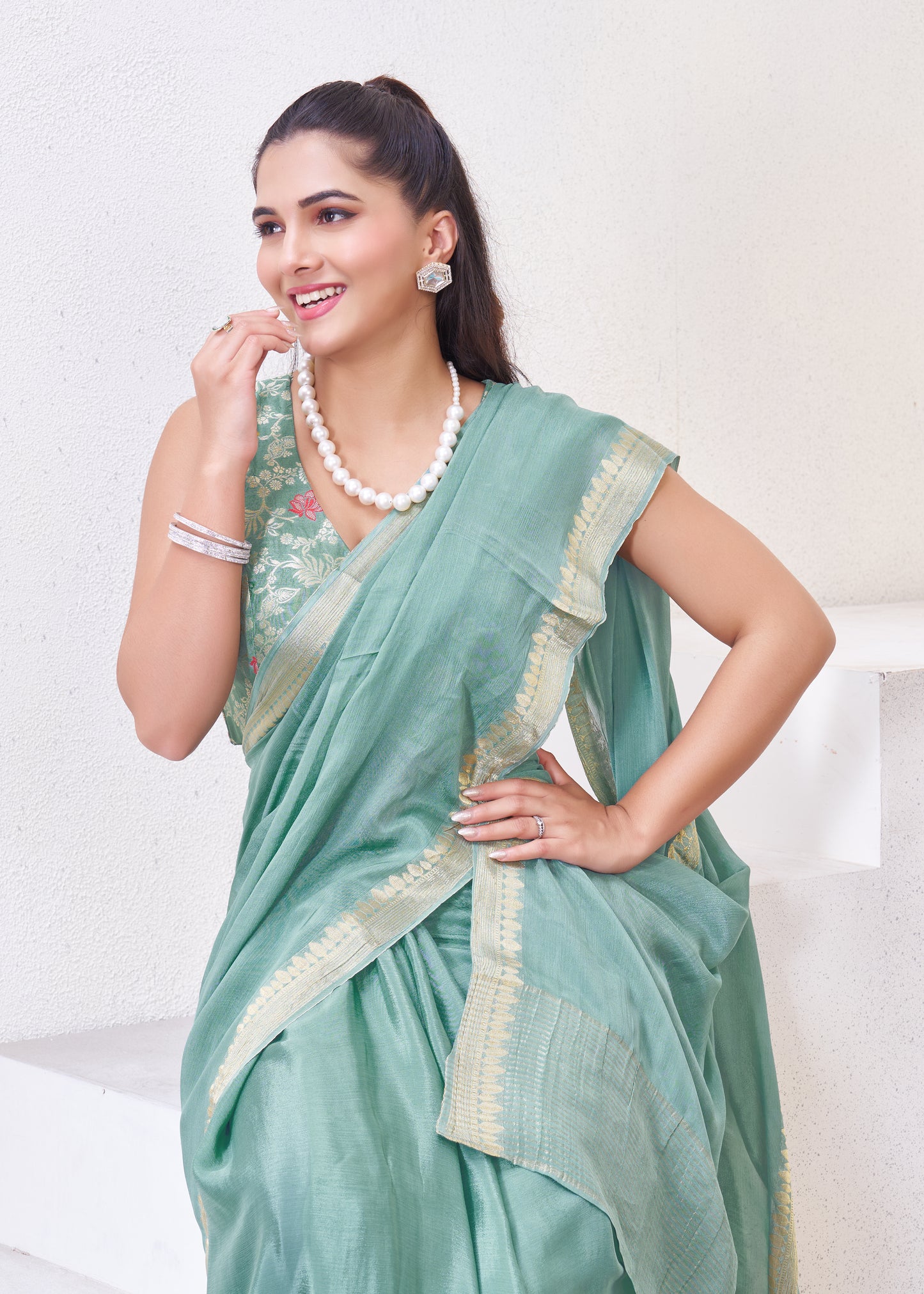 Blue Chinon Saree With Zari Borders