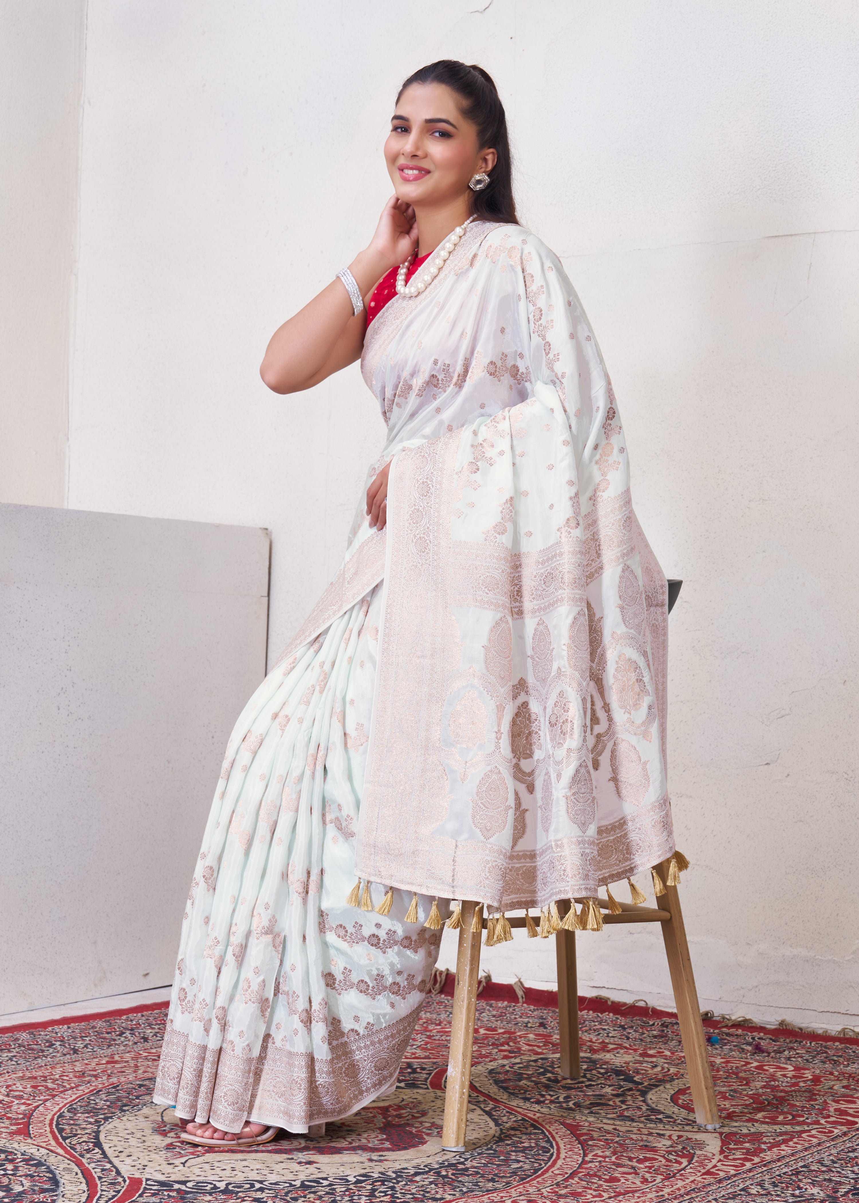 Off White Katan Silk Saree With Zari Borders