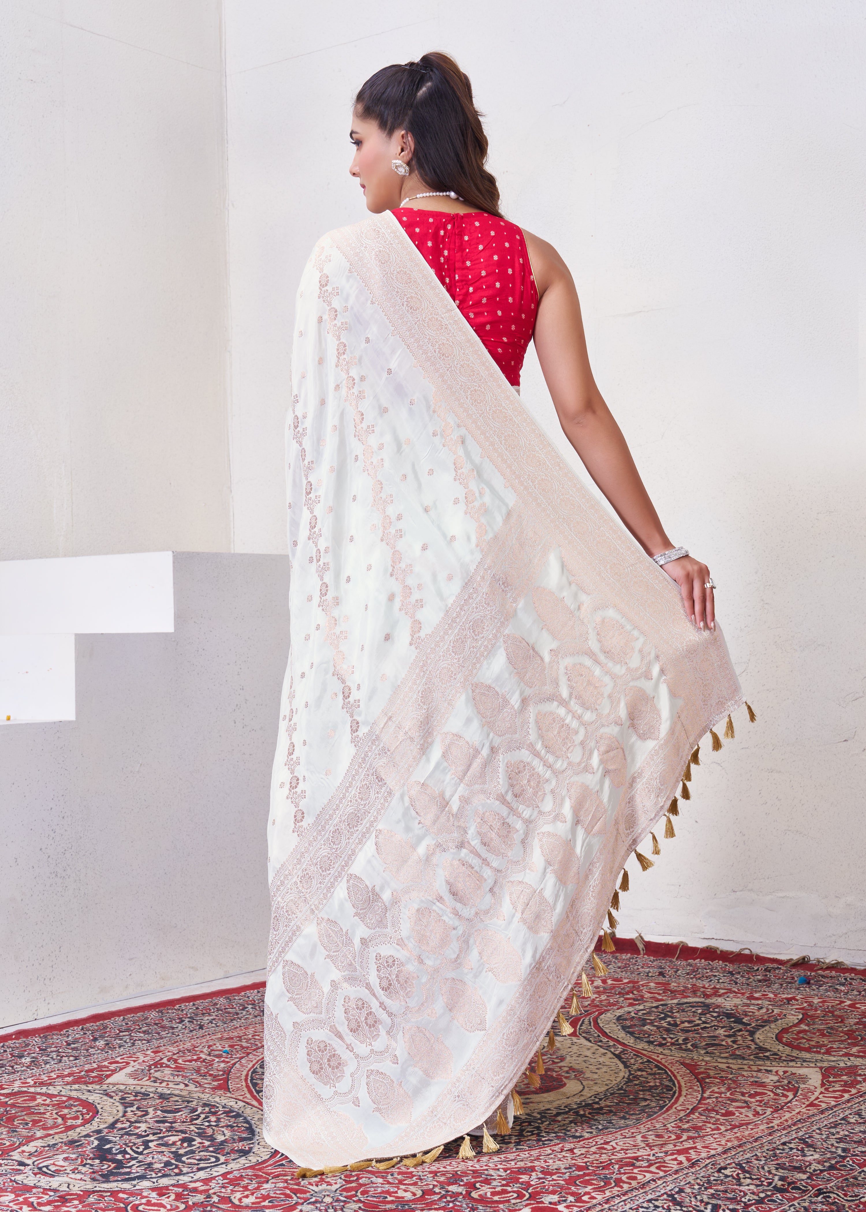 Off White Katan Silk Saree With Zari Borders