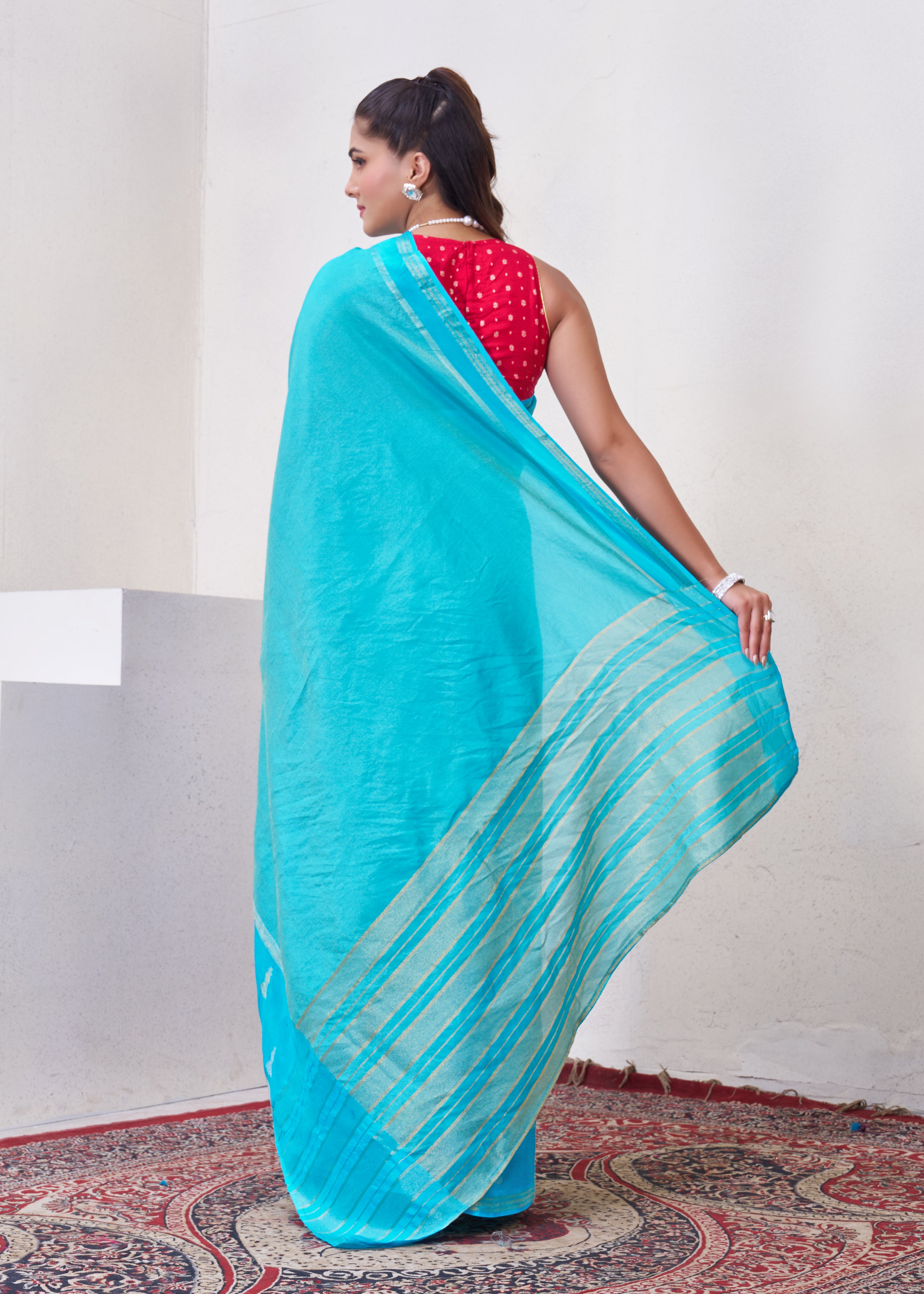 Blue Tissue Saree With Zari Borders