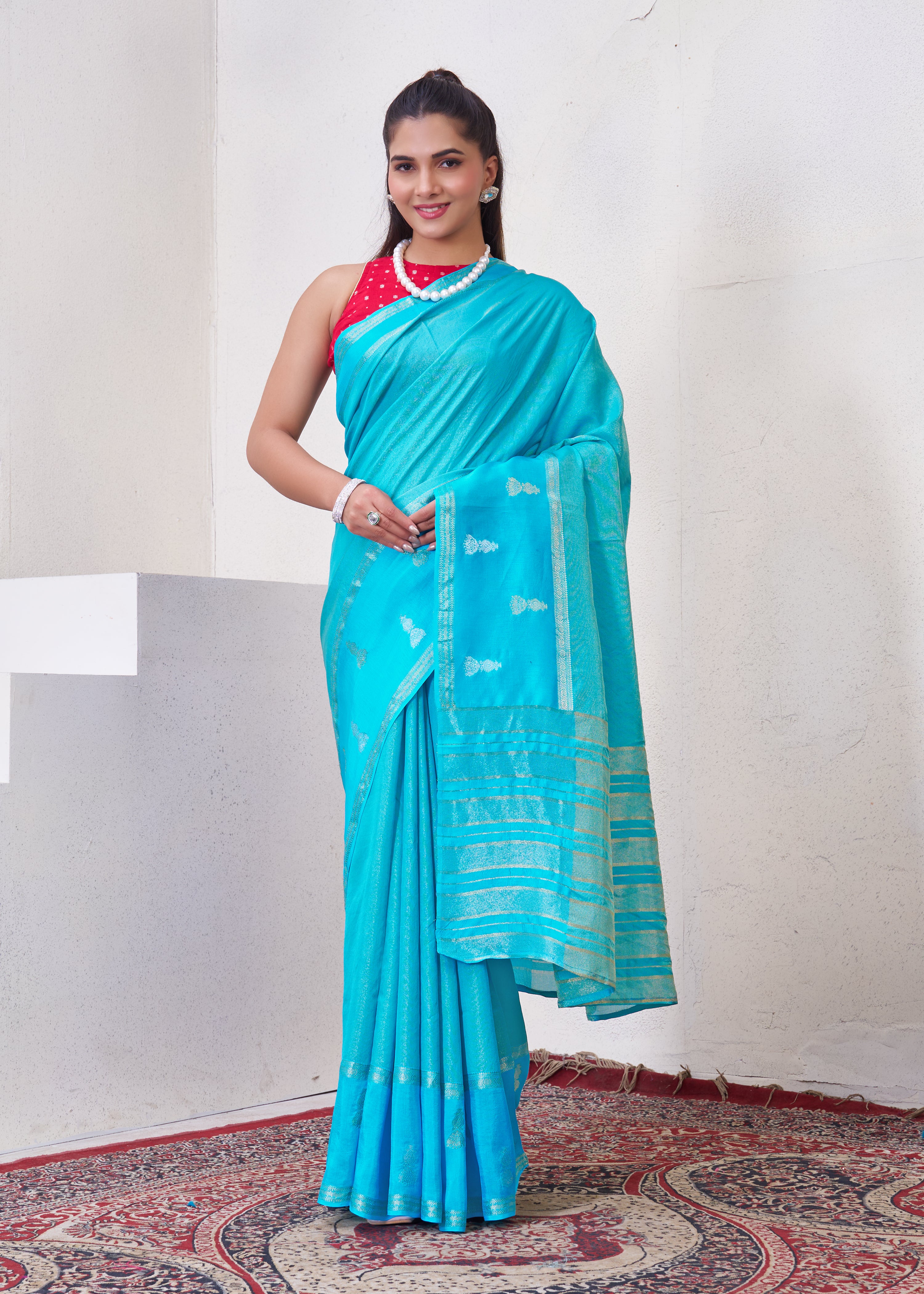 Blue Tissue Saree With Zari Borders