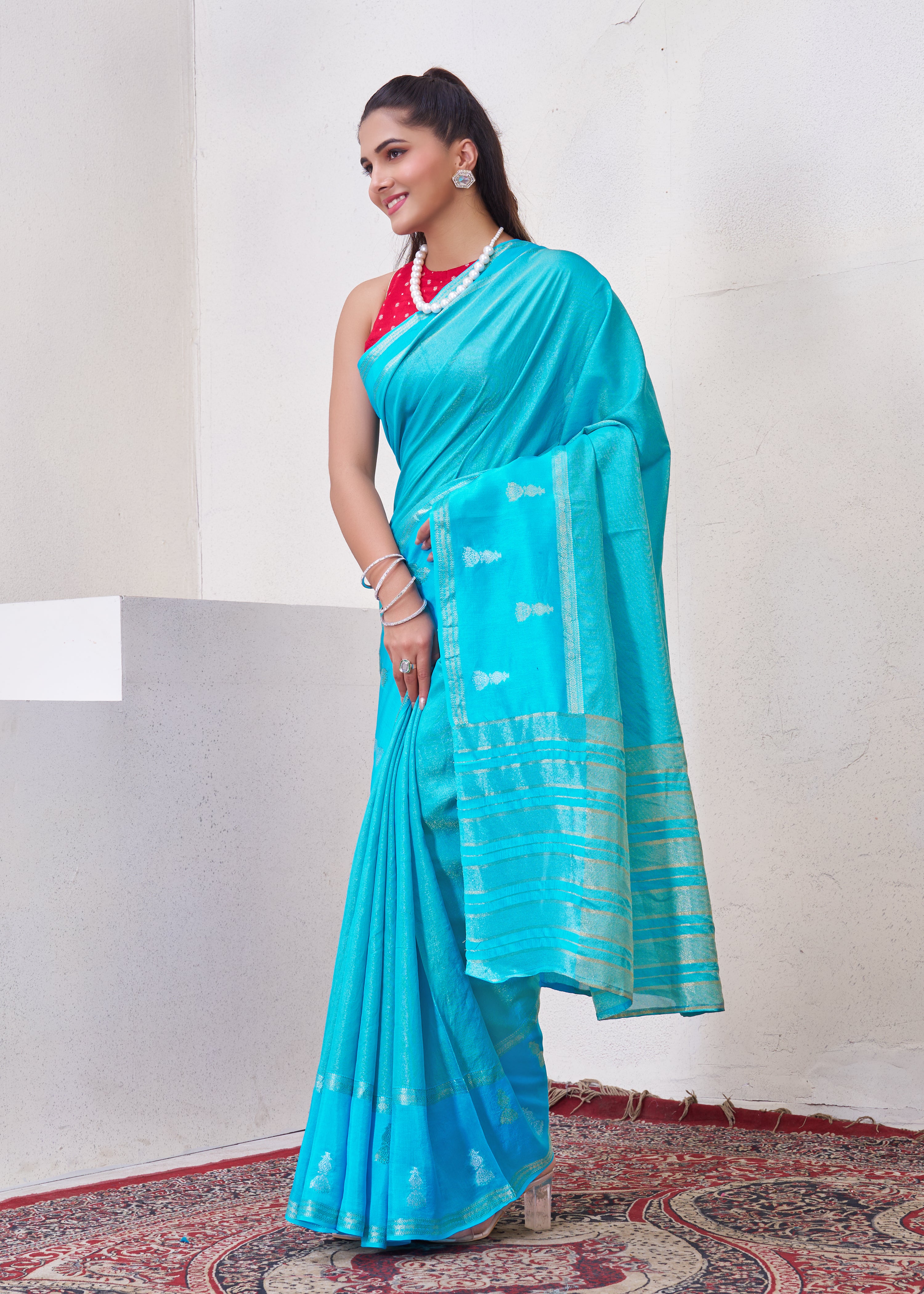 Blue Tissue Saree With Zari Borders