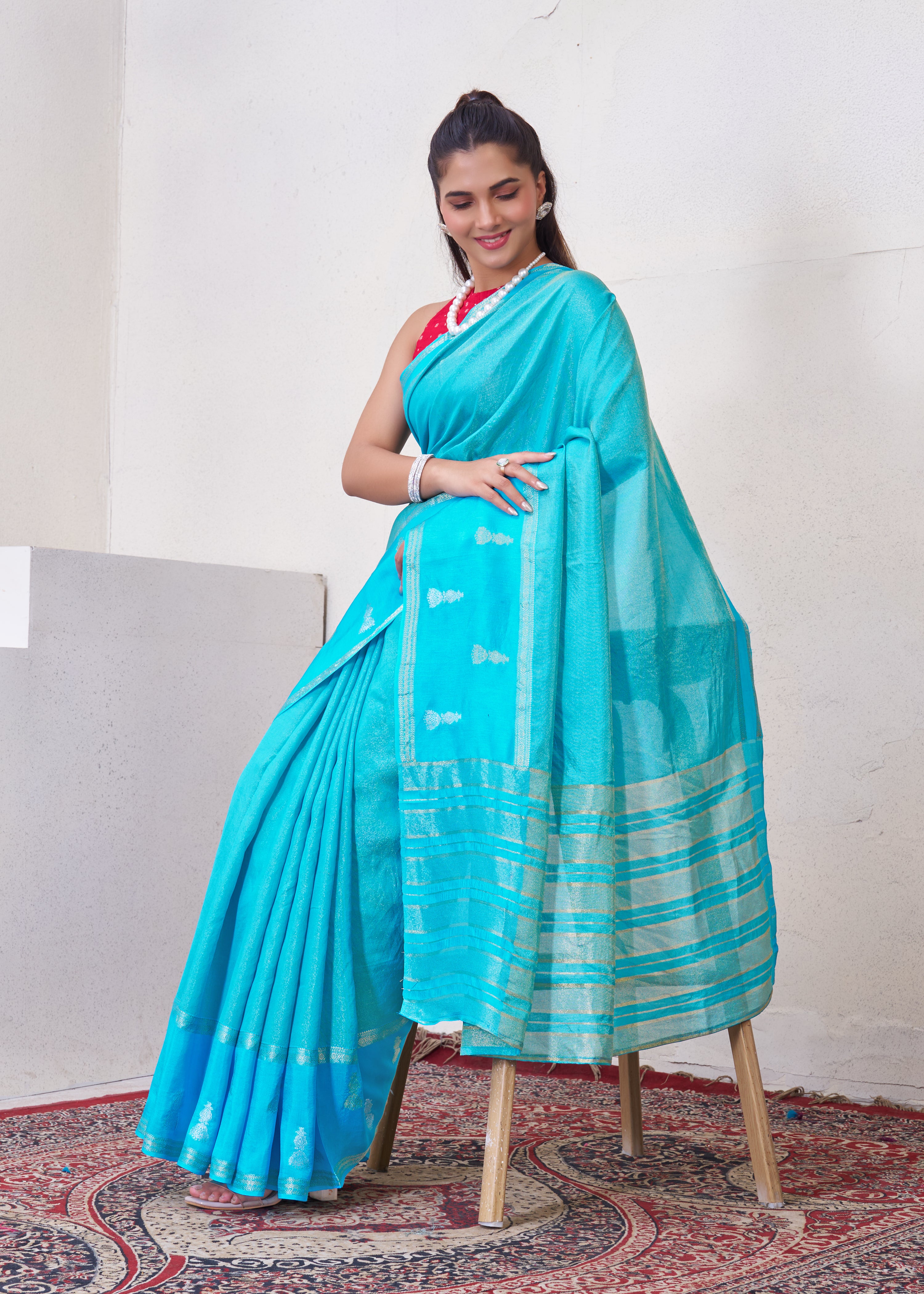 Blue Tissue Saree With Zari Borders