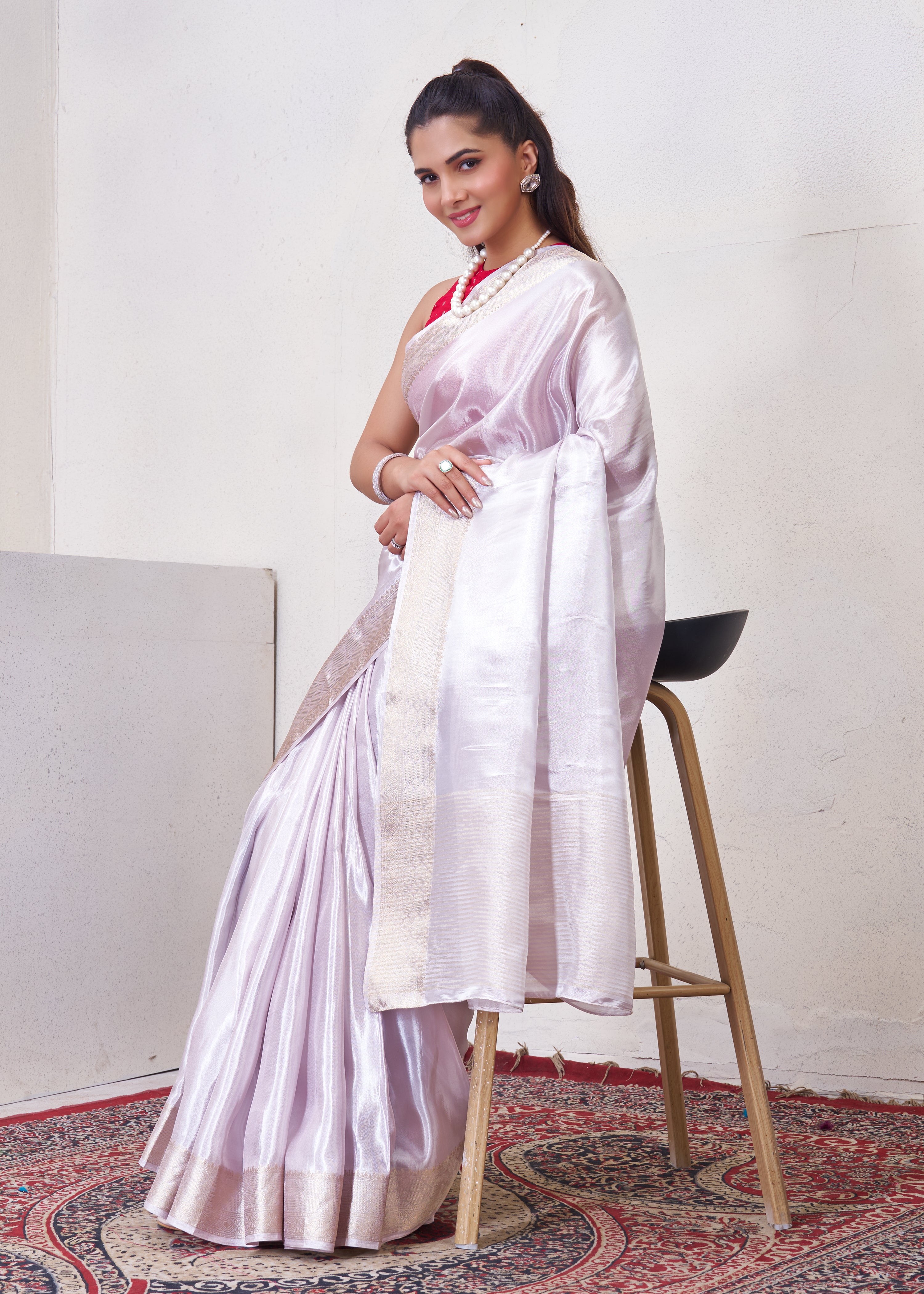 Off White Tissue Silk Saree With Zari Borders