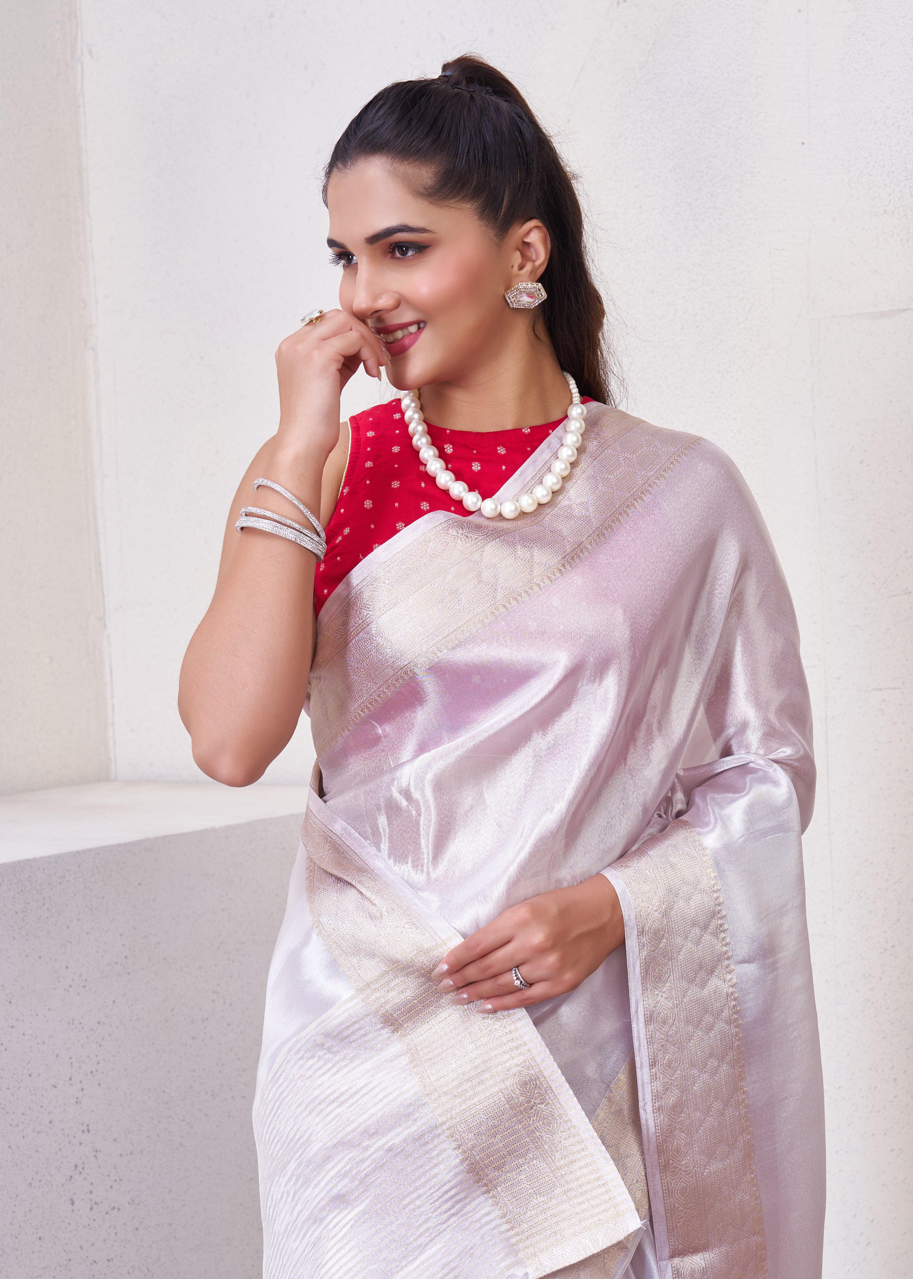 Off White Tissue Silk Saree With Zari Borders