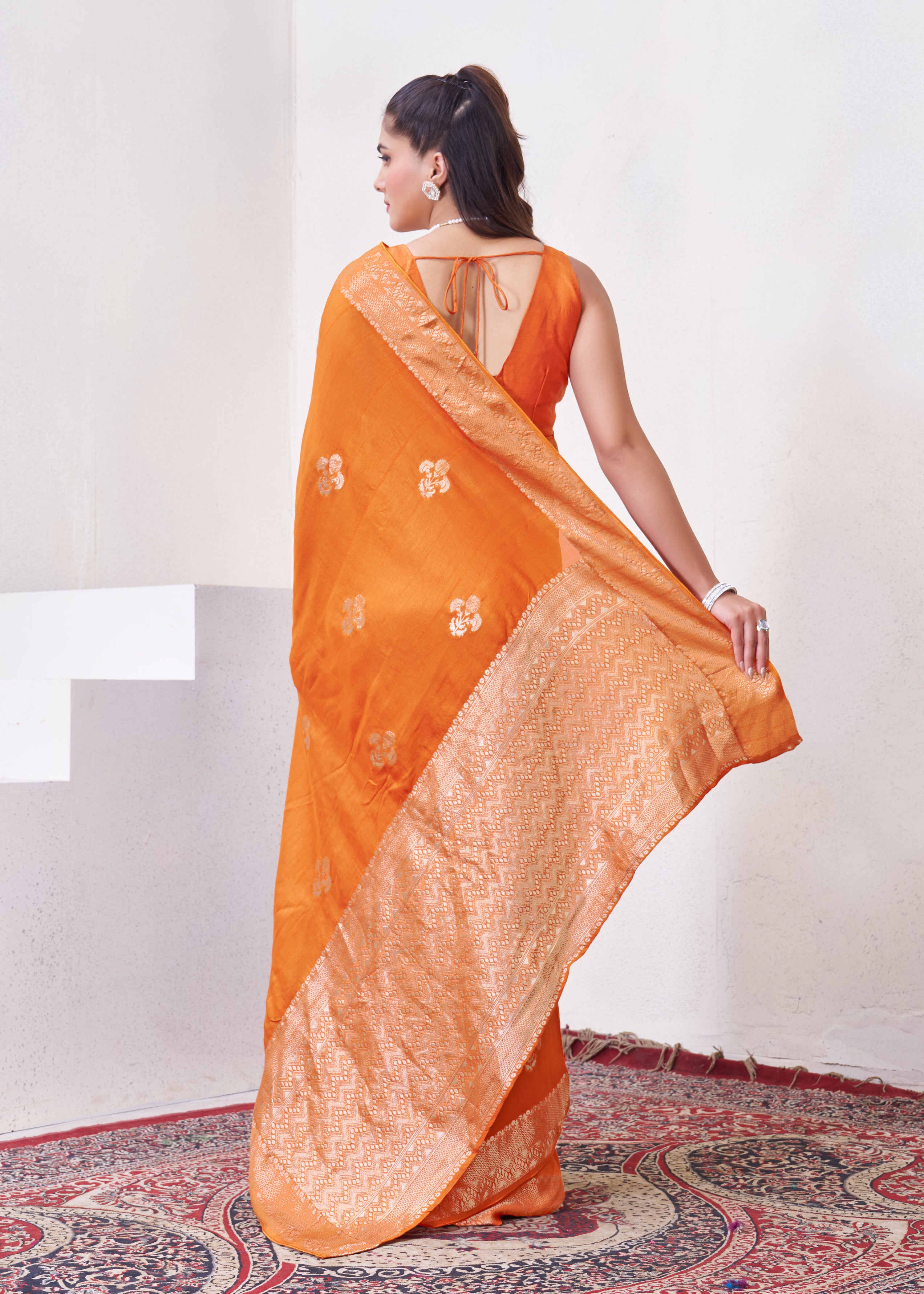 Rust Orange Tussar Silk Saree With Zari Borders