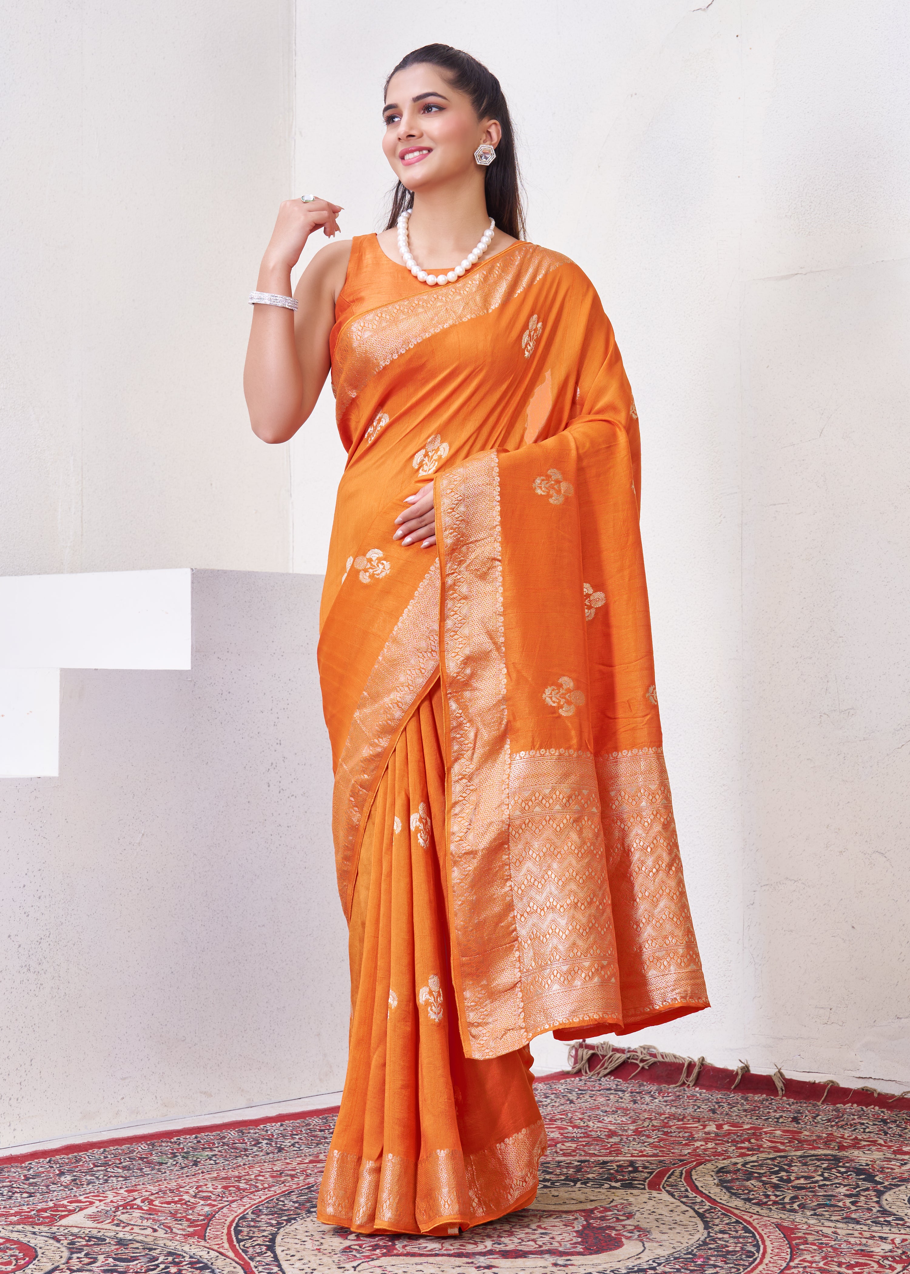 Rust Orange Tussar Silk Saree With Zari Borders