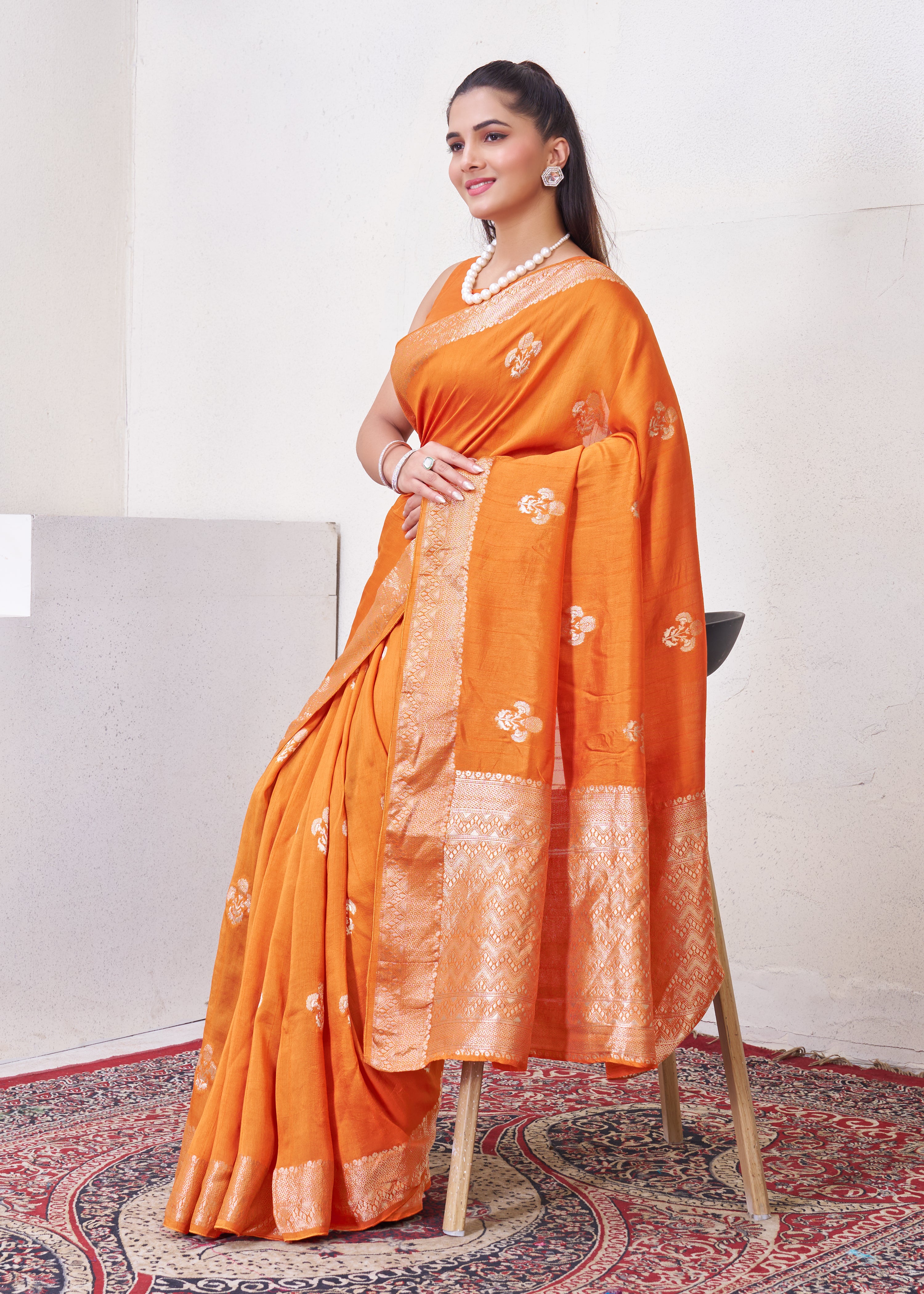 Rust Orange Tussar Silk Saree With Zari Borders