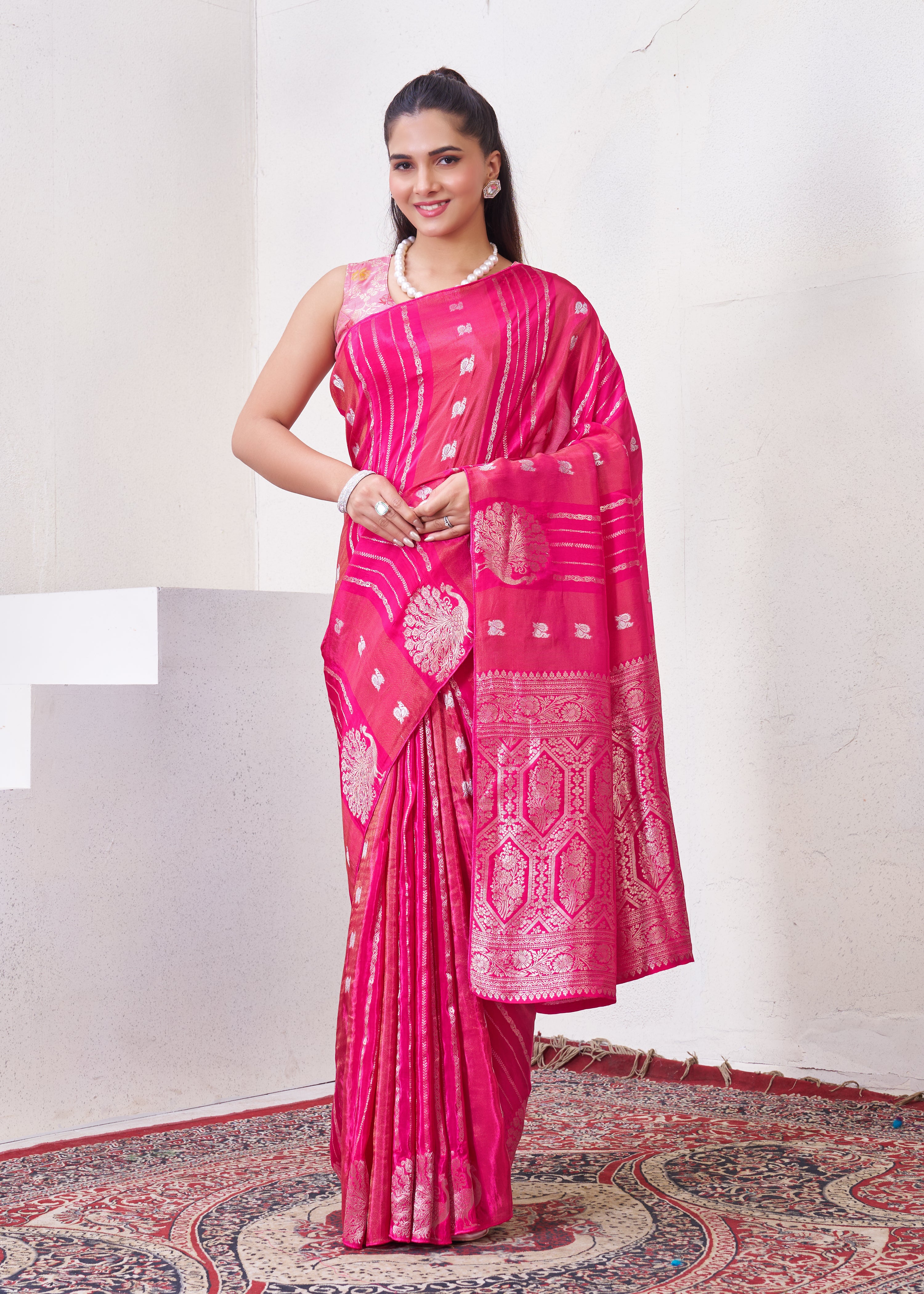 Rani Pink Katan Silk Saree With Zari Borders