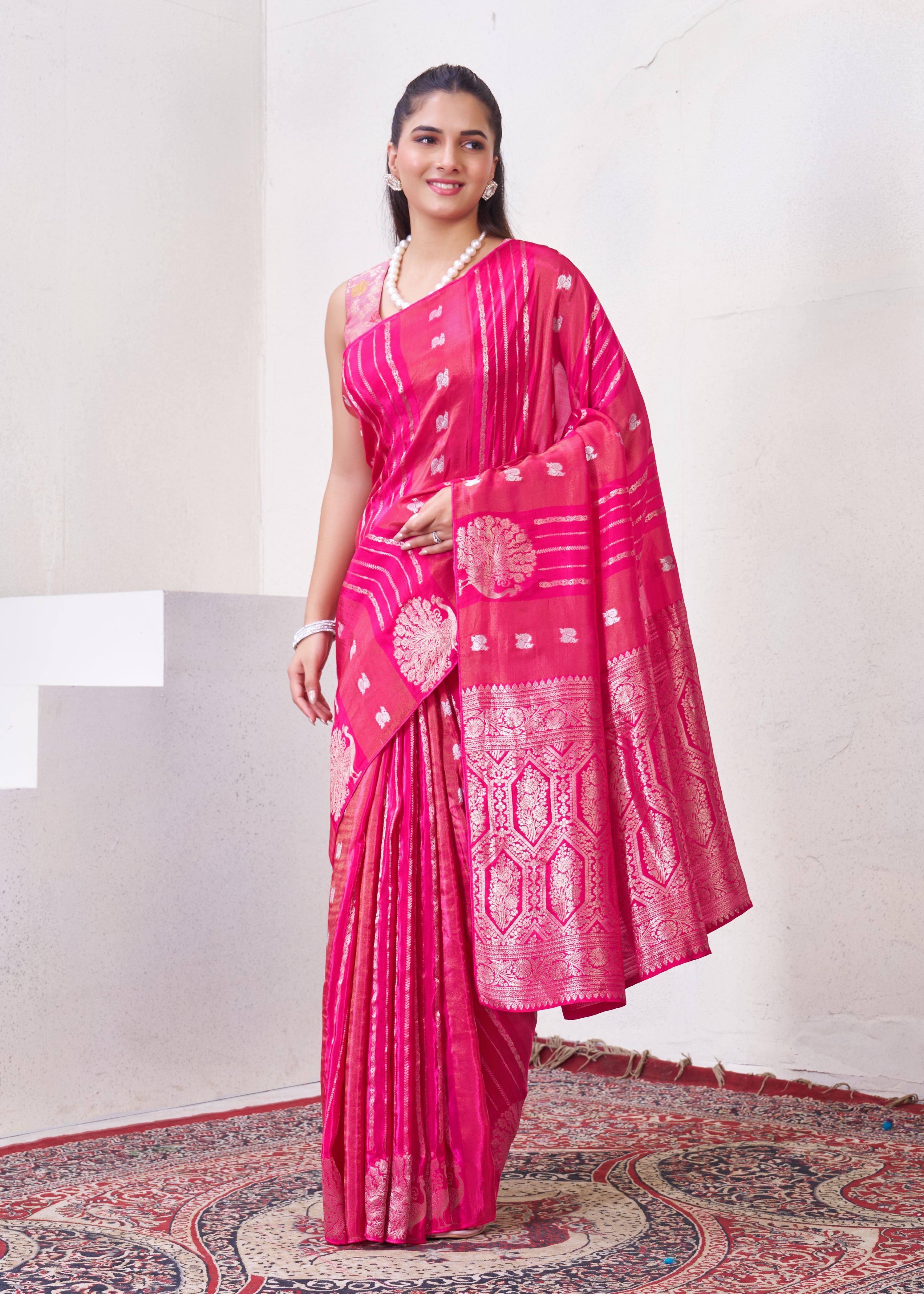 Rani Pink Katan Silk Saree With Zari Borders