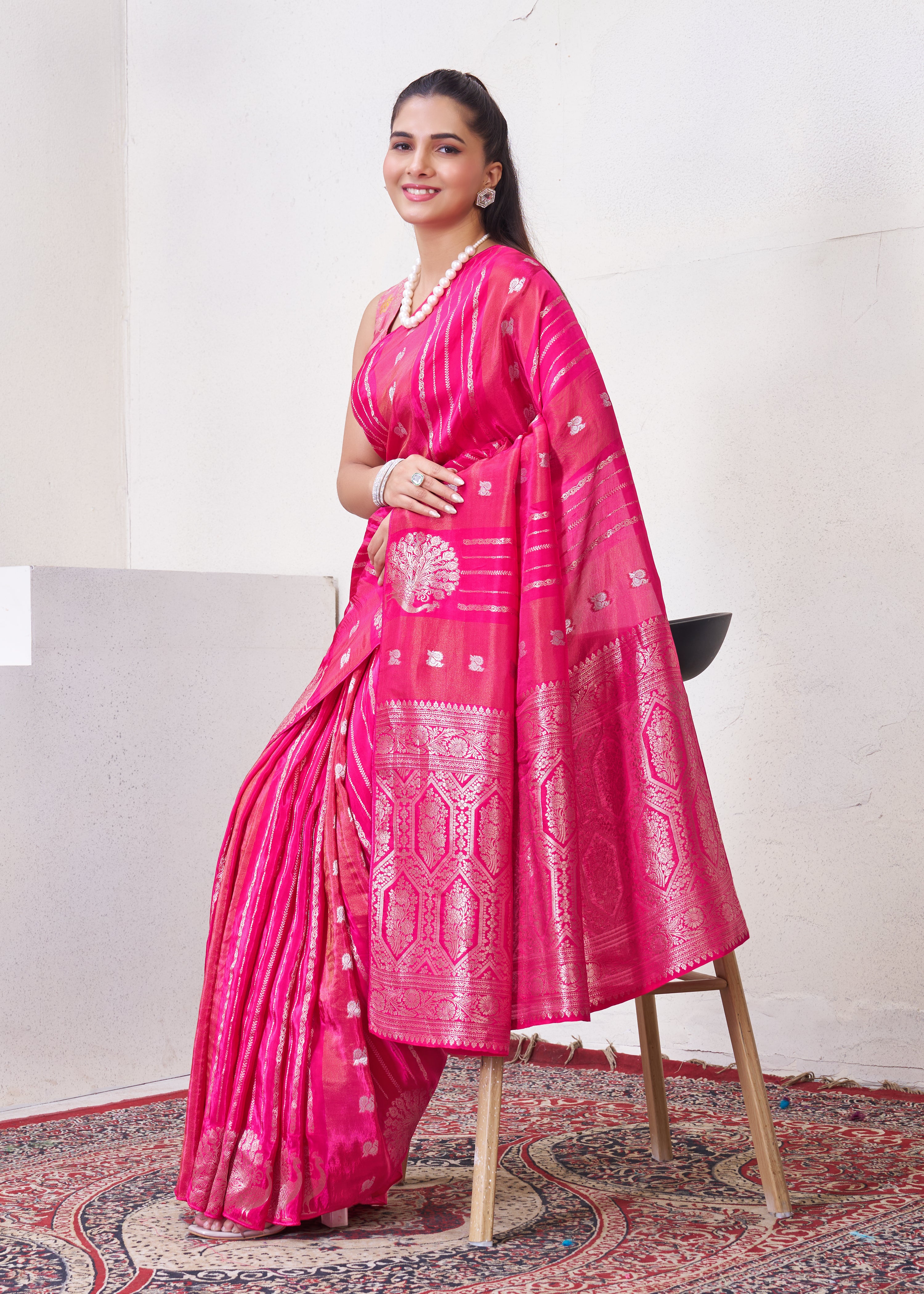 Rani Pink Katan Silk Saree With Zari Borders