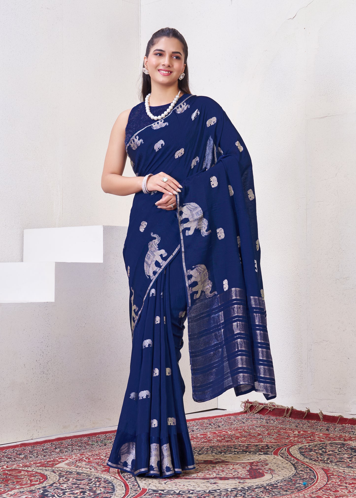 Dark Blue Matka Silk Saree With Zari Borders
