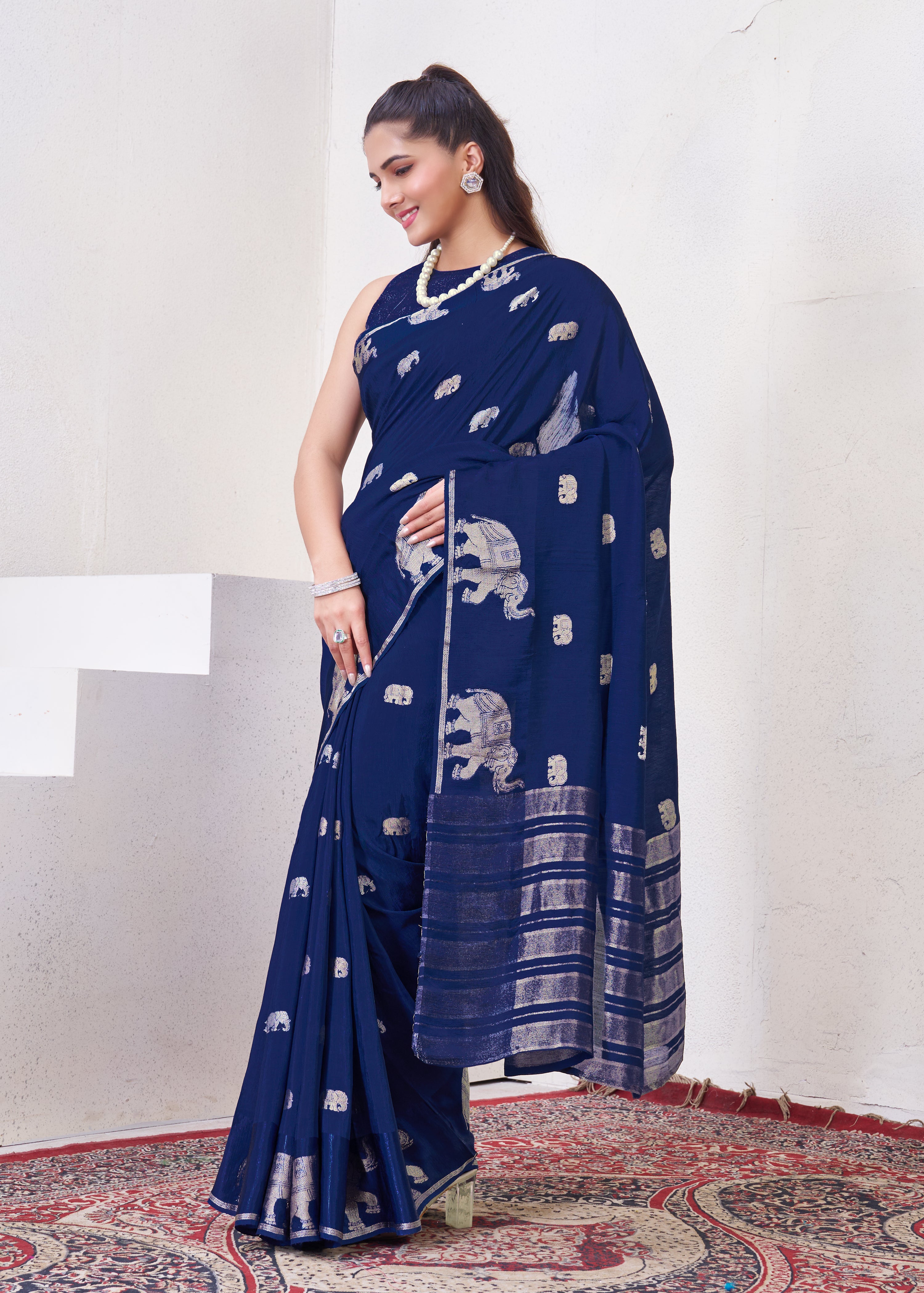 Dark Blue Matka Silk Saree With Zari Borders