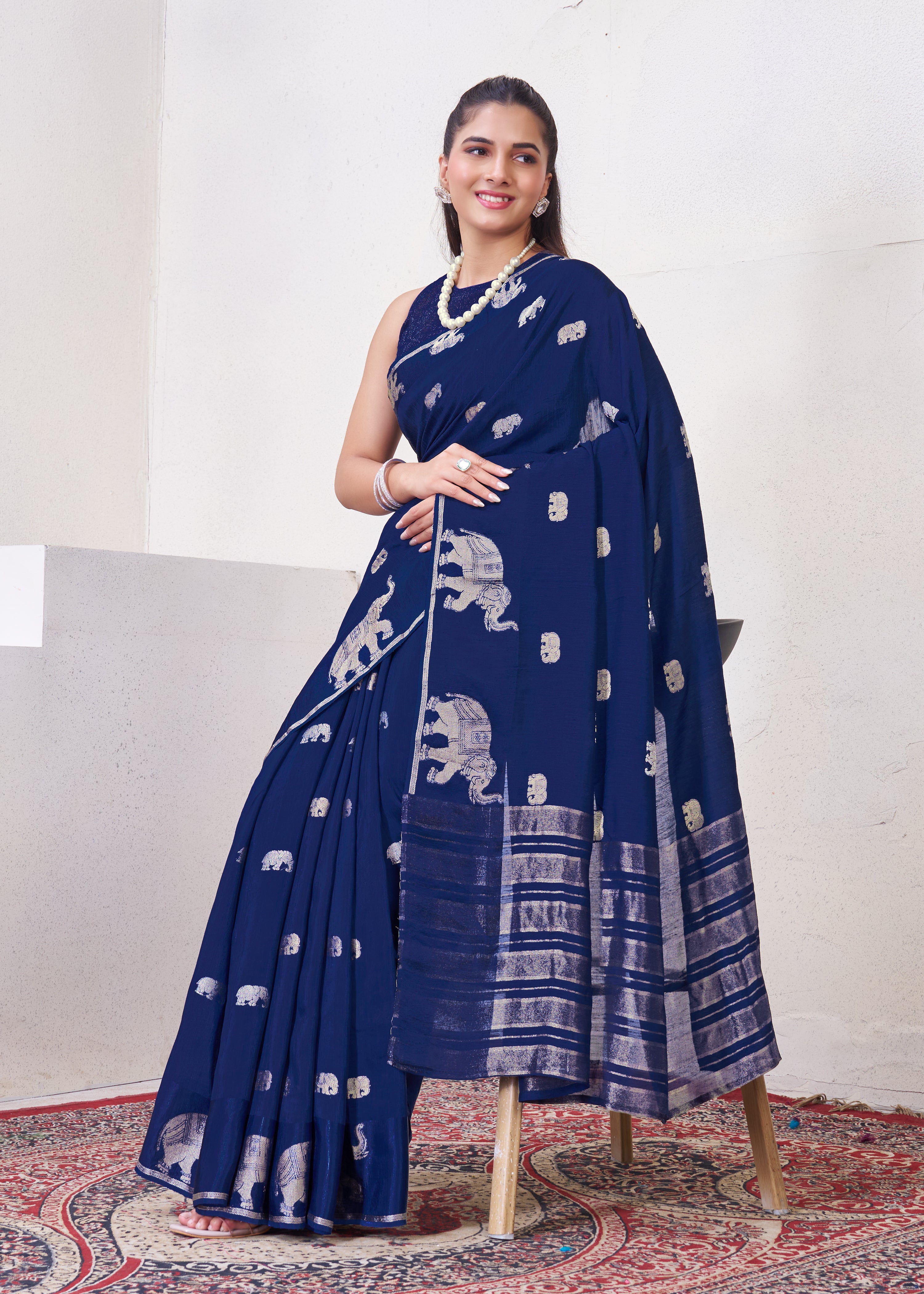 Dark Blue Matka Silk Saree With Zari Borders