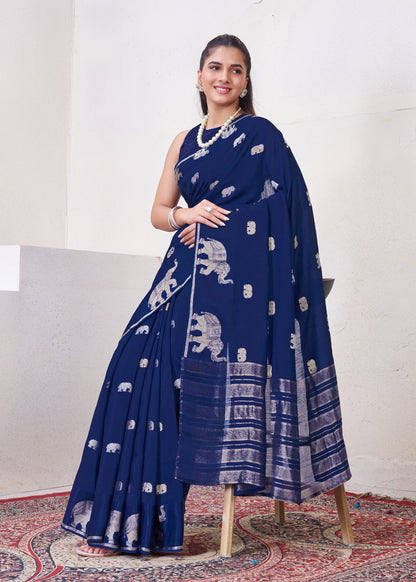 Dark Blue Matka Silk Saree With Zari Borders