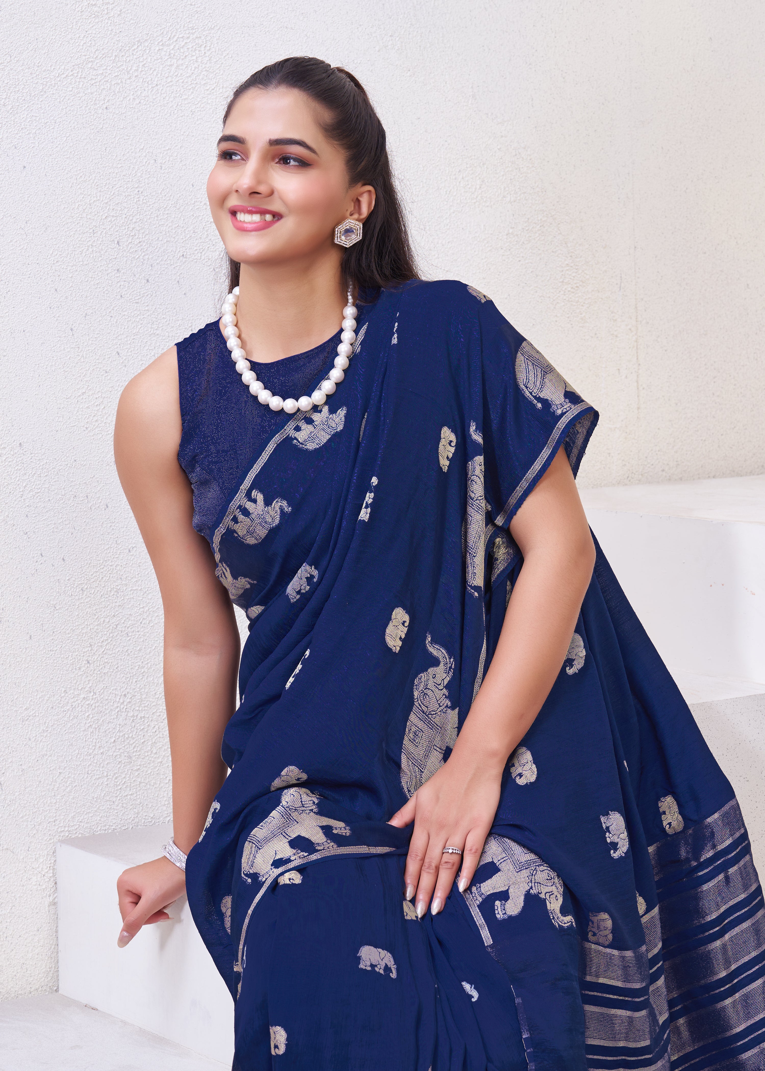 Dark Blue Matka Silk Saree With Zari Borders