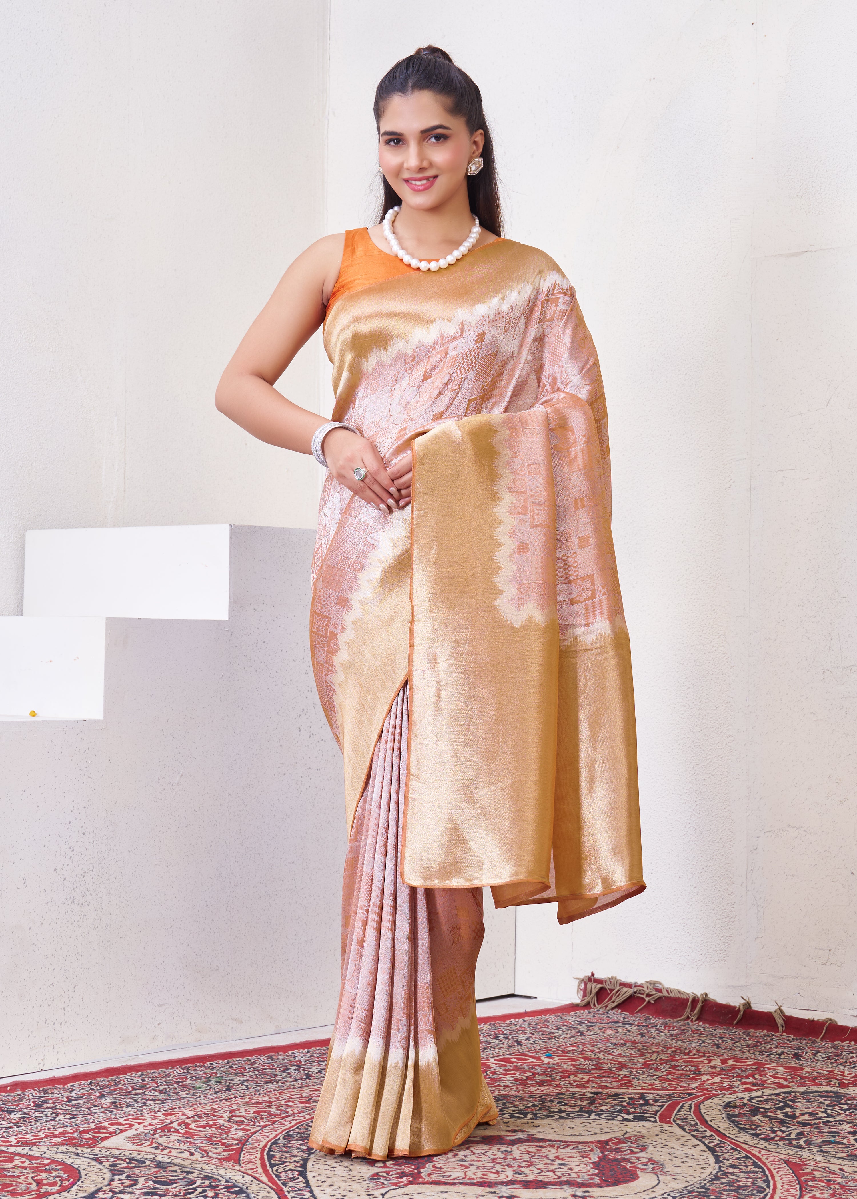 Orange Tissue Silk Saree With Zari Borders
