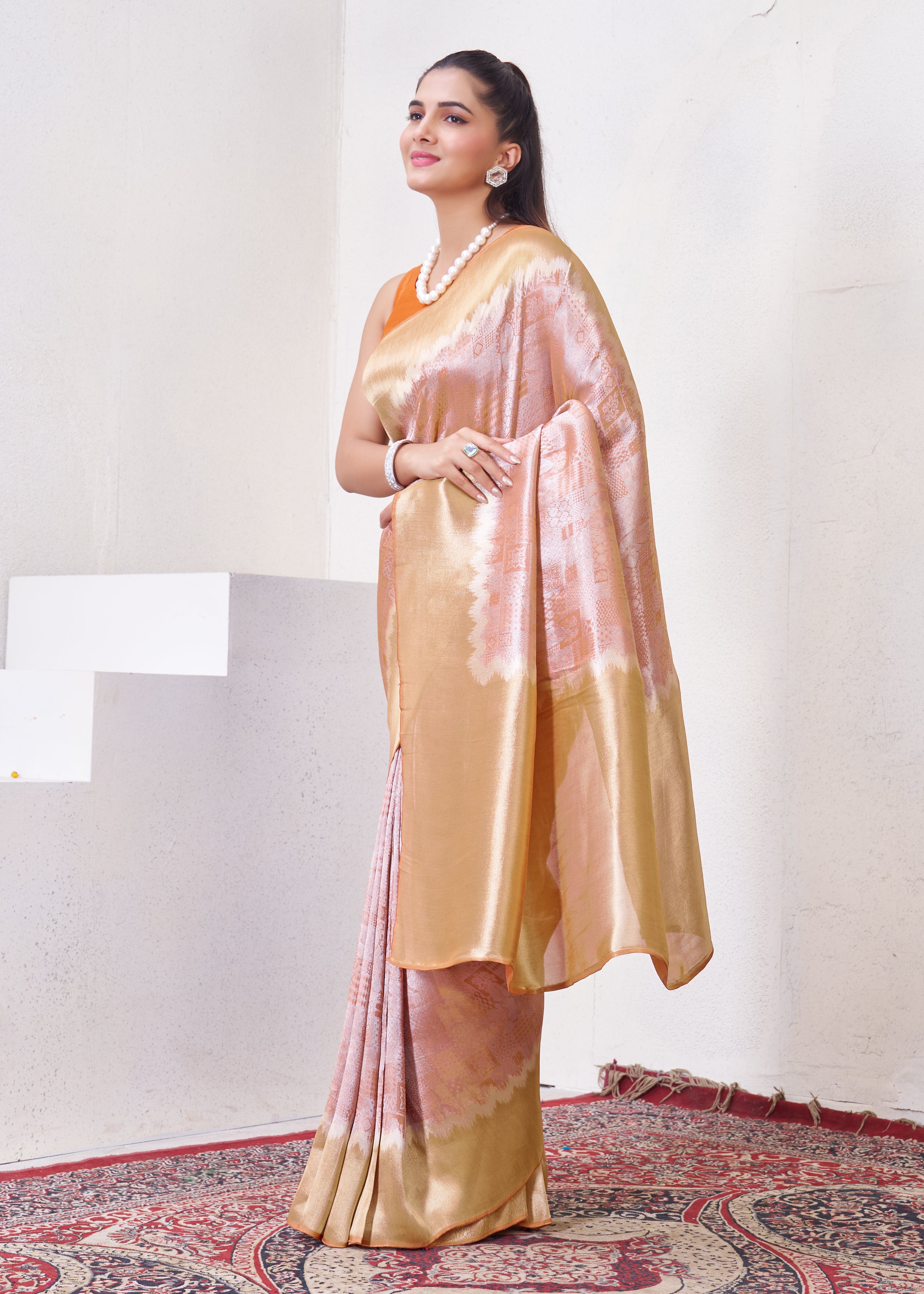 Orange Tissue Silk Saree With Zari Borders