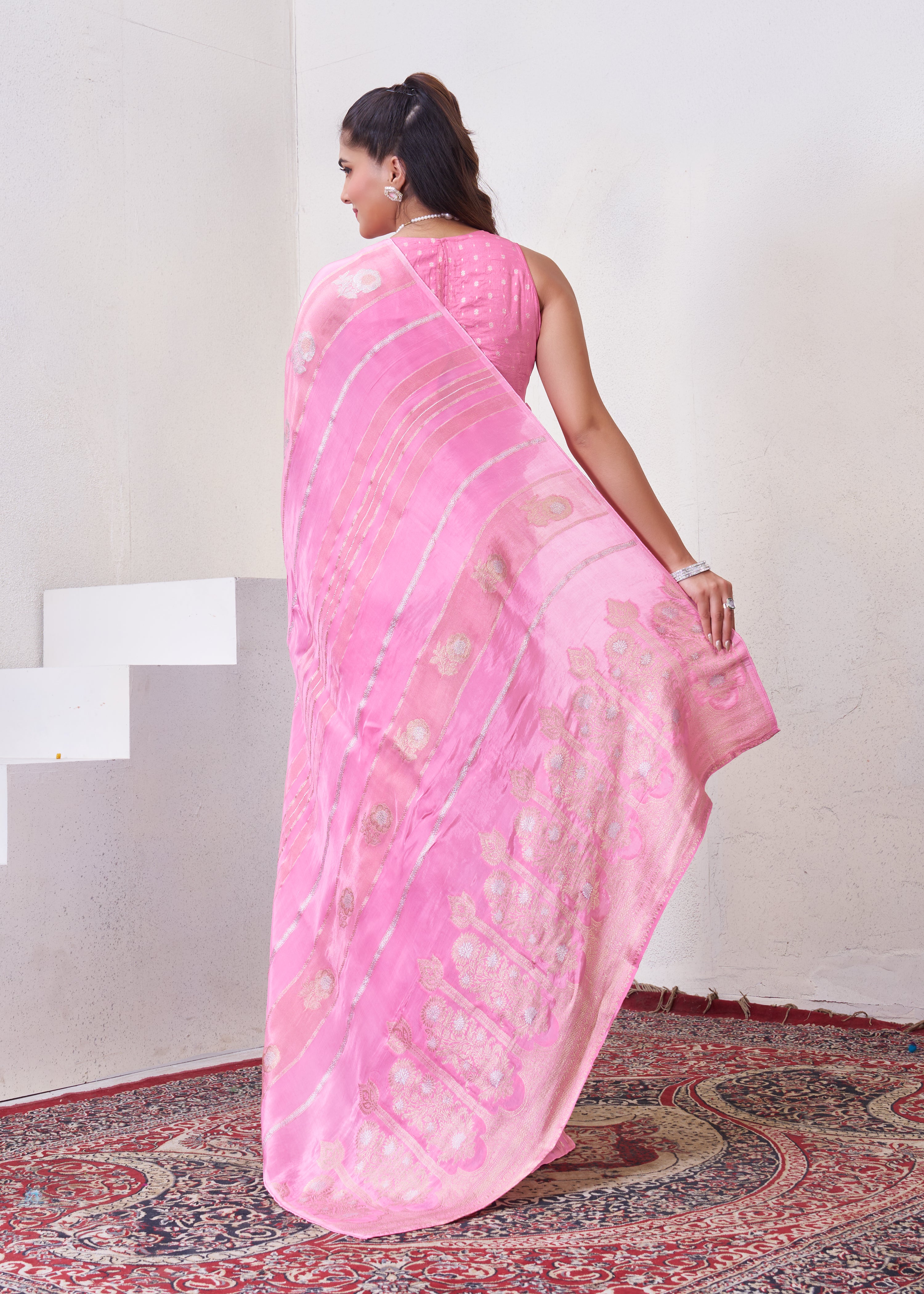 Baby Pink Katan Silk Saree With Zari Borders