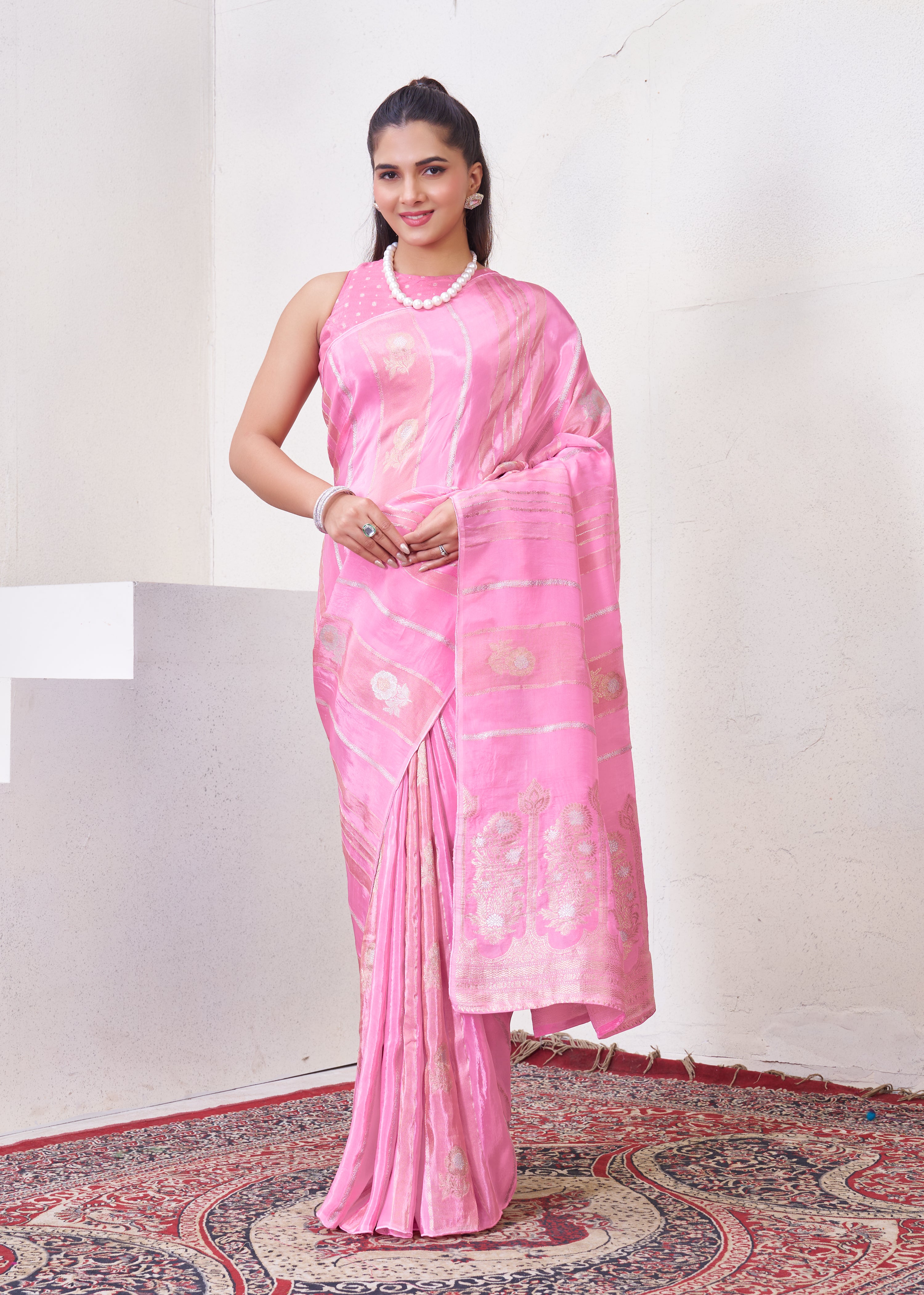 Baby Pink Katan Silk Saree With Zari Borders
